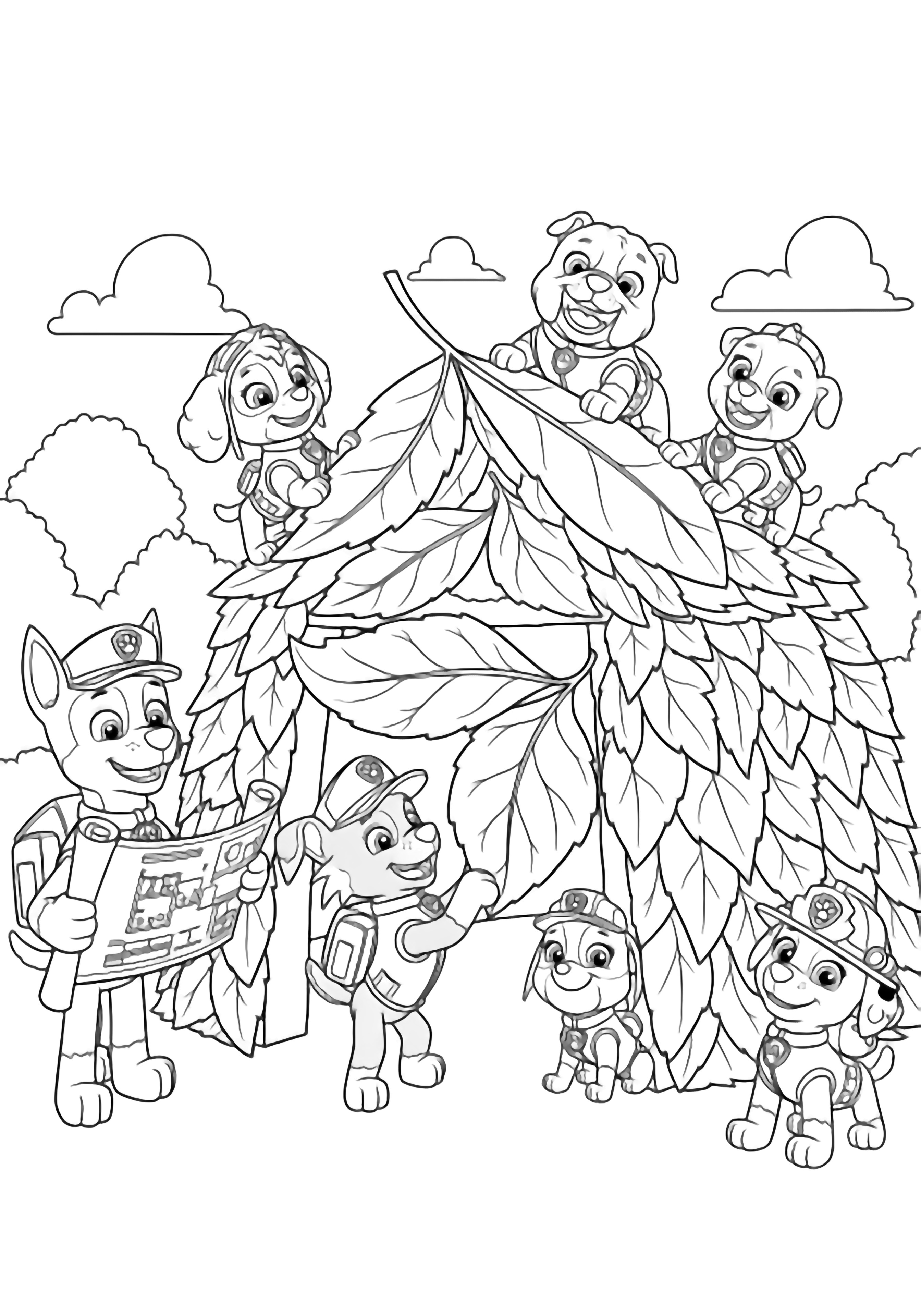 Six playful puppies build a leafy fort in a park; one holds a blueprint, another lifts a leaf wall, one laughs on top, tails wagging, with simple trees and clouds behind. kleurplaat