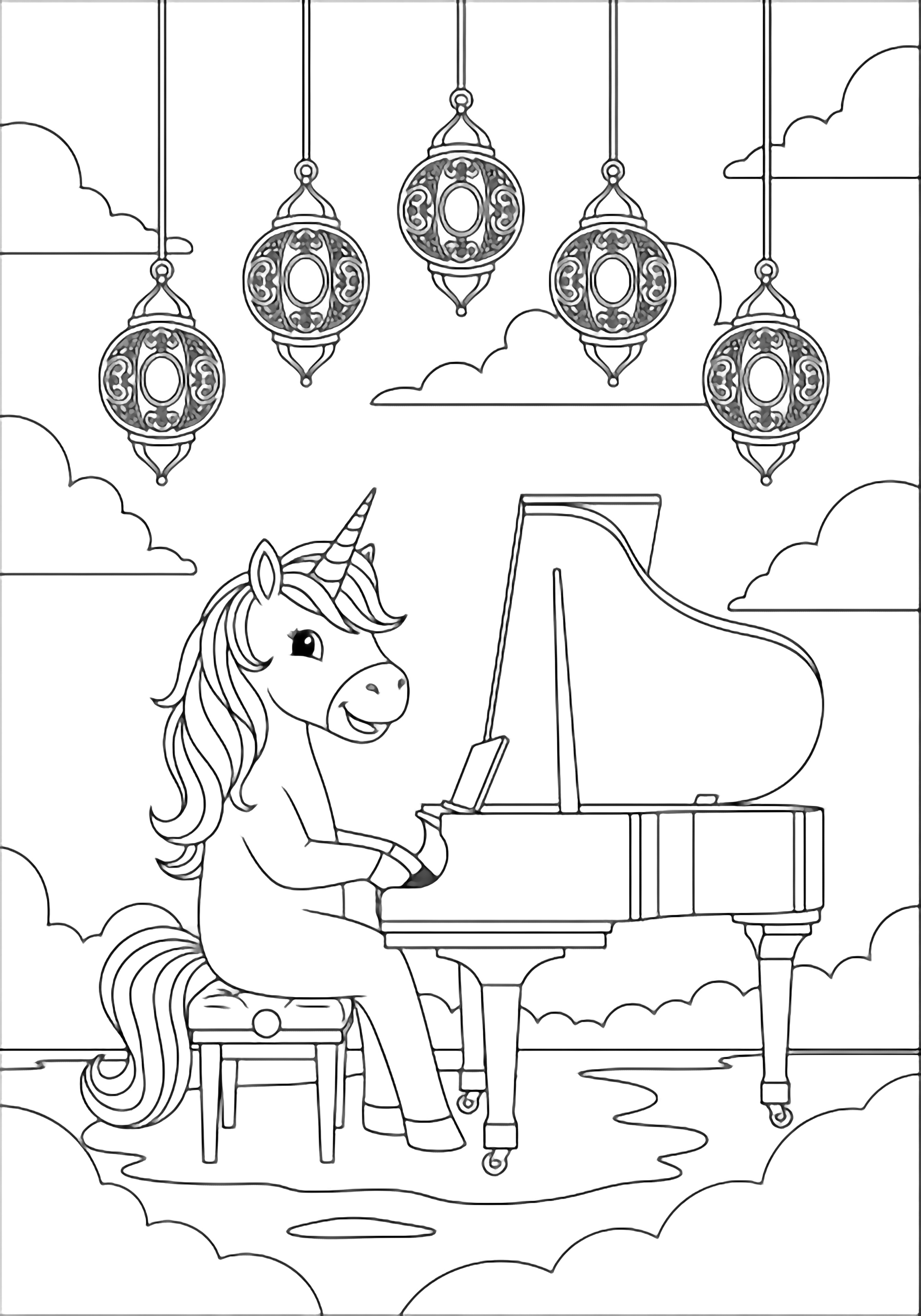 A smiling unicorn sits at a grand piano under five hanging lanterns, its flowing mane drifting above cloud-like ground beneath an open sky. kleurplaat