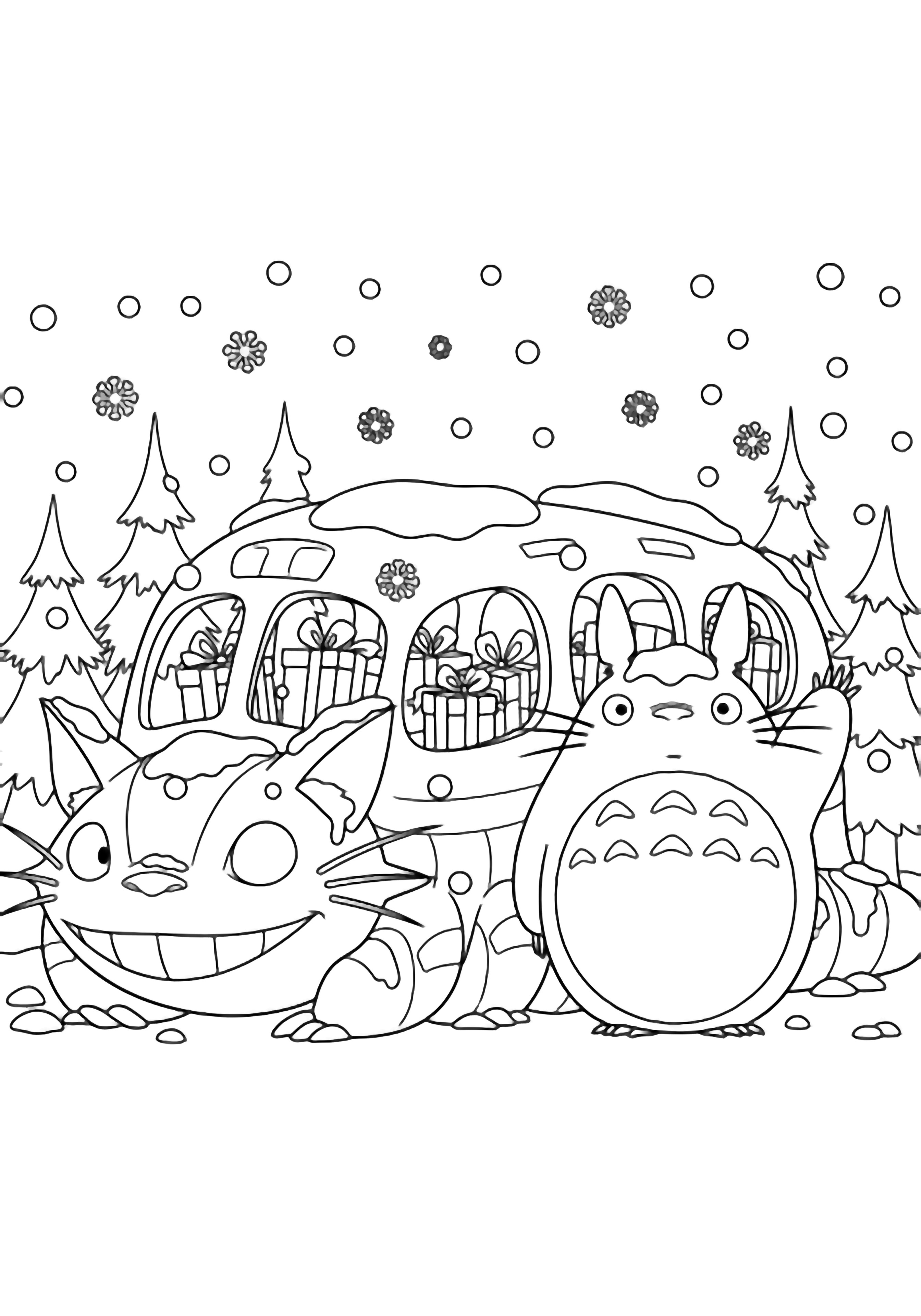 Totoro waves beside the Catbus, both dusted with snow; the bus carries gift boxes, framed by evergreens and falling snowflakes. kleurplaat
