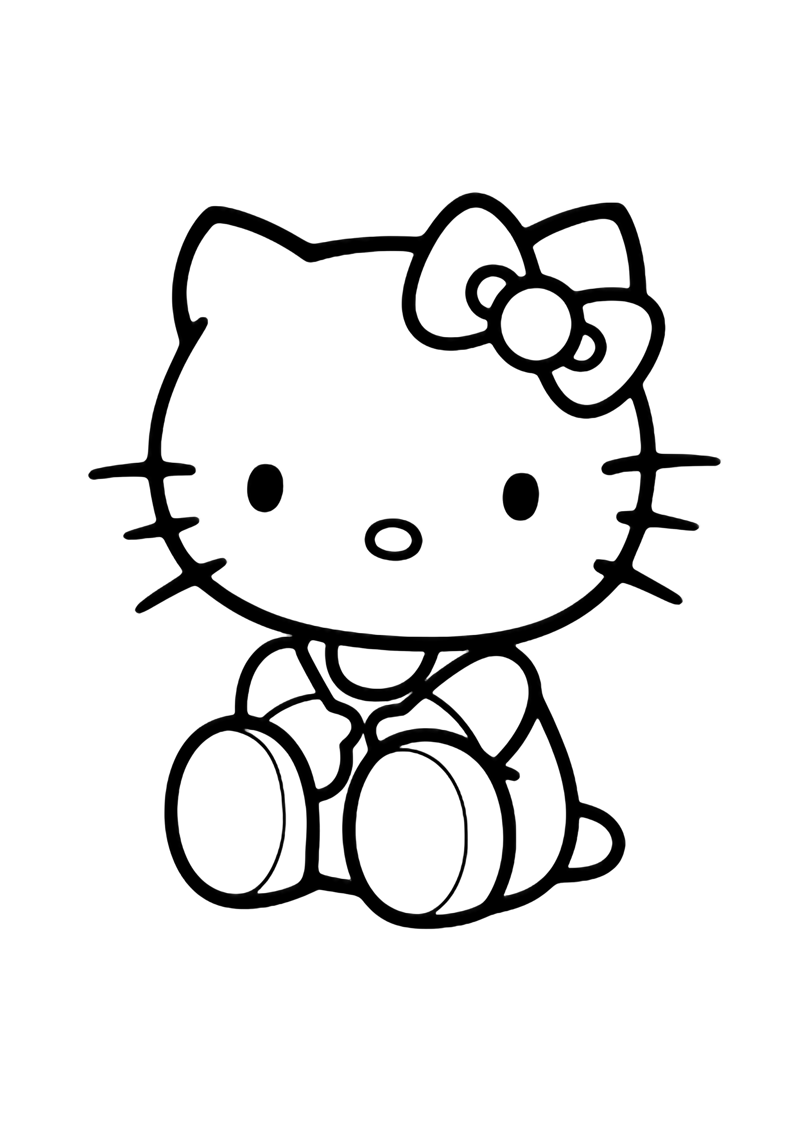Hello Kitty sits cross-legged, smiling with her bow on one ear and paws resting on her knees. kleurplaat