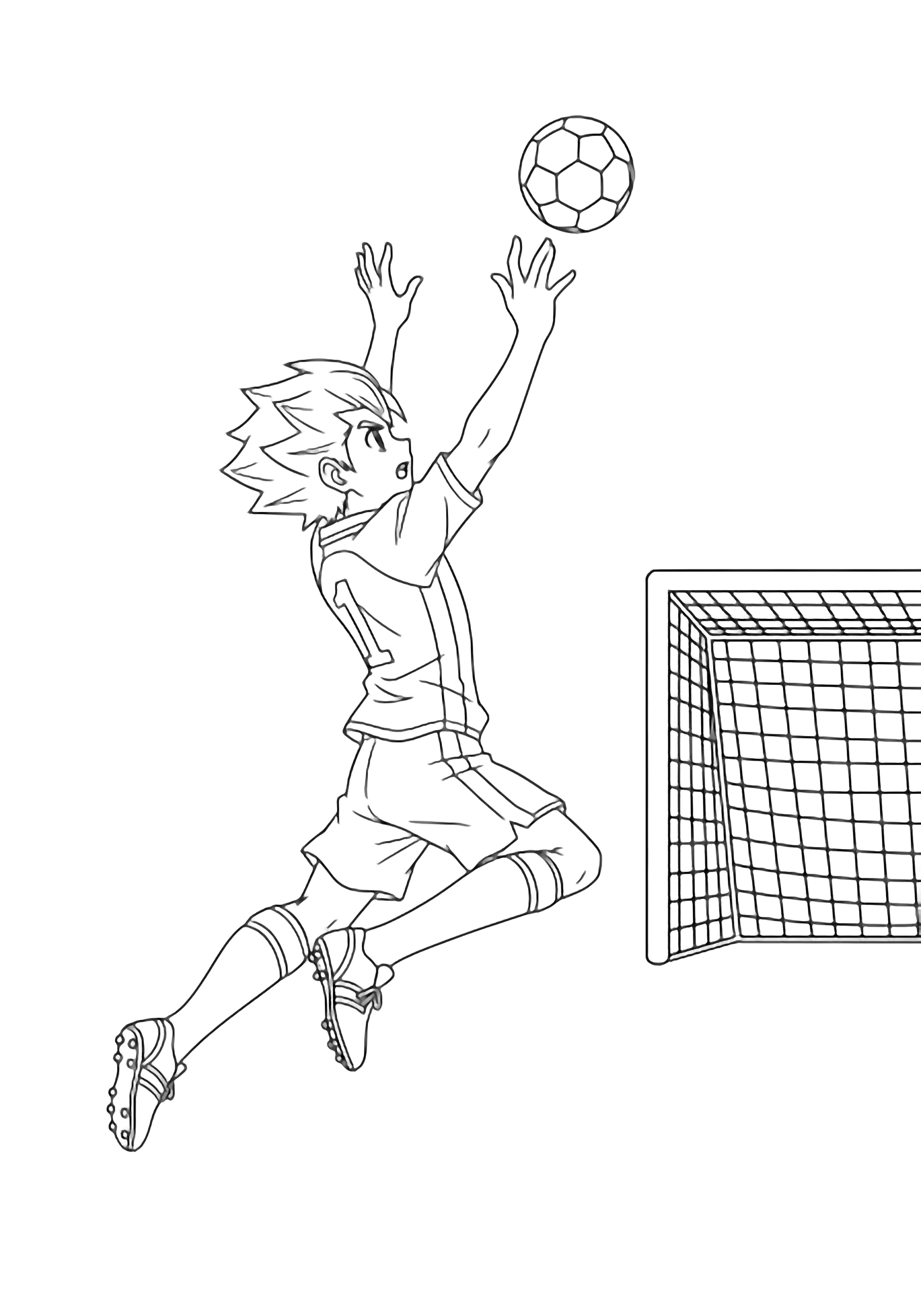 Mark Evans diving sideways, arms stretched, fingertips touching a soccer ball, goal net behind him. kleurplaat