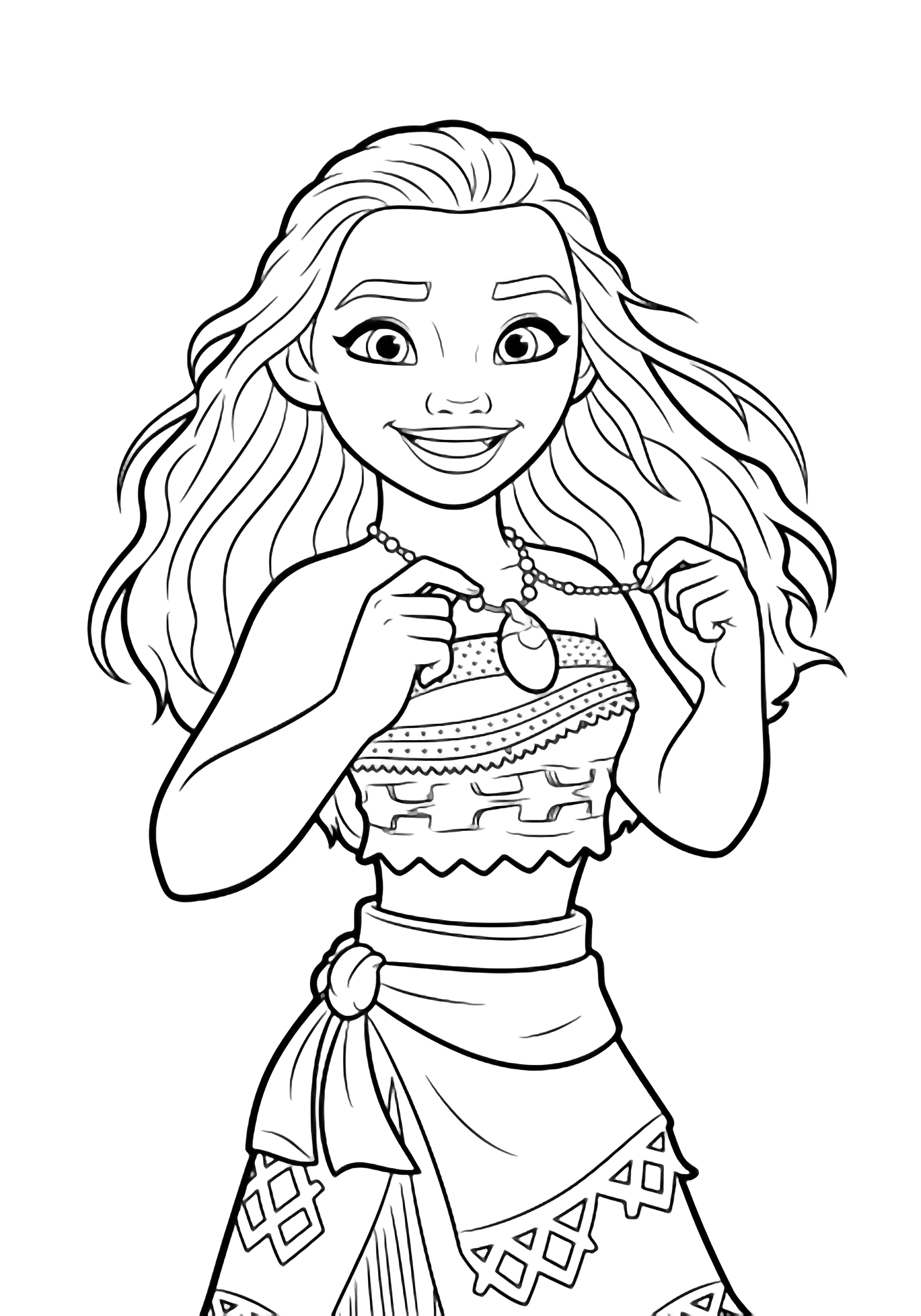 Moana stands smiling, holding her open necklace forward, hair flowing, wearing a sleeveless top and skirt. kleurplaat