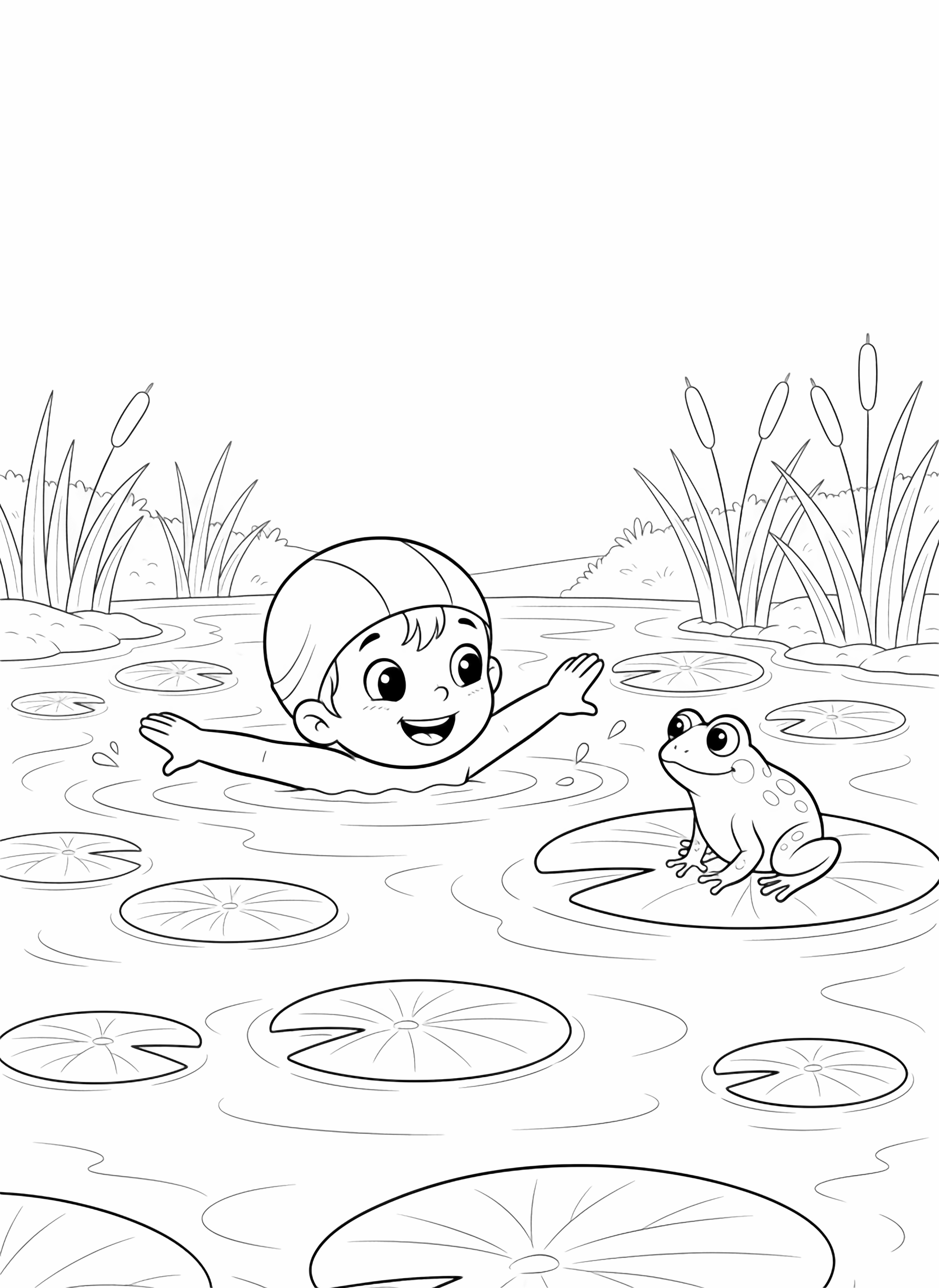 A black and white page showing a cheerful child wearing a simple swimming cap gently paddling across a peaceful pond The child's eyes sparkle with delight as they spot a friendly frog perched on a lily pad at the pond's edge The frog sits upright its round eyes gazing back at the swimmer Delicate re clean black and white line drawing minimal shading no colour no fill kleurplaat