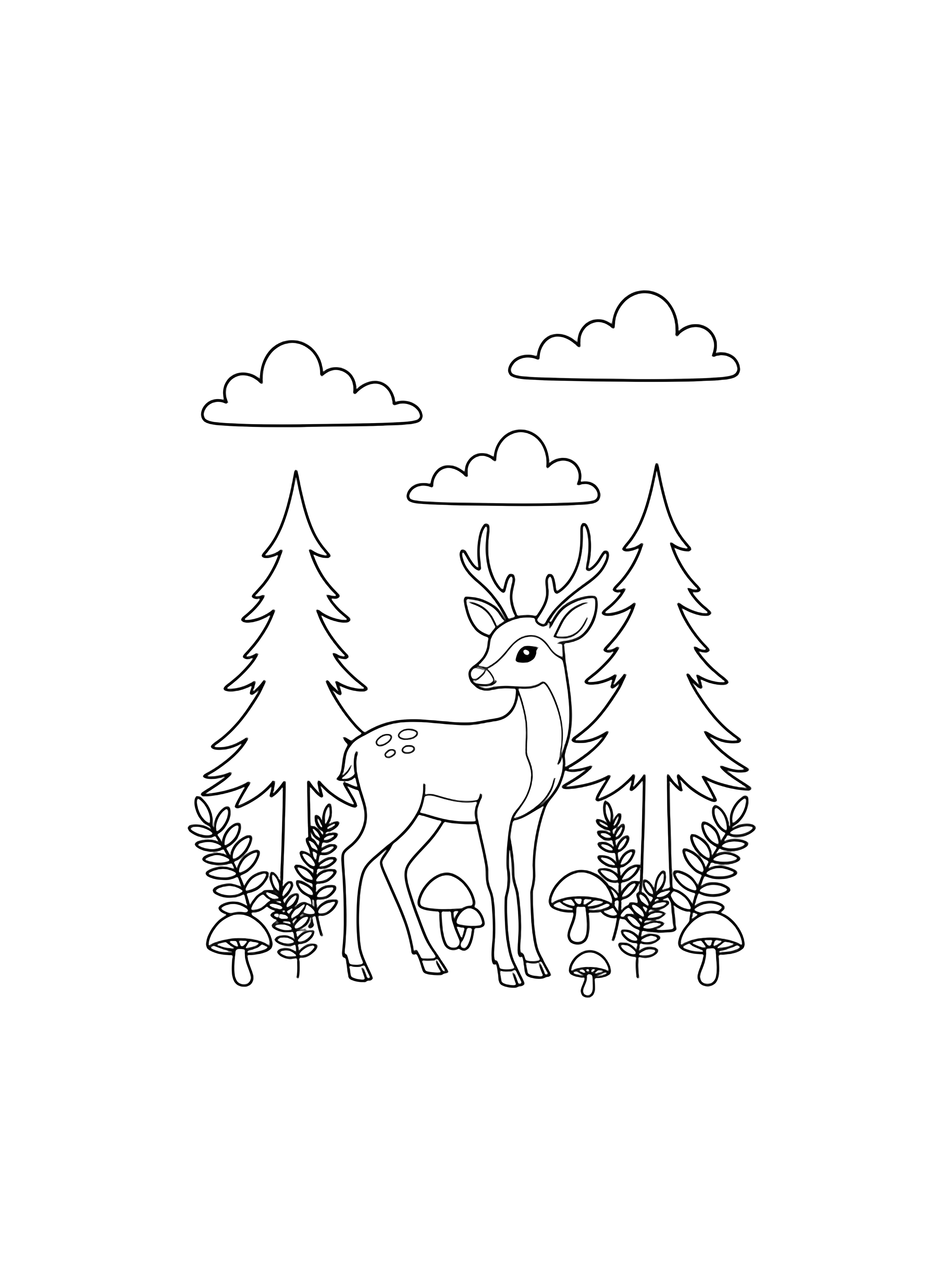 A deer glances back between two tall pines, surrounded by ferns, mushrooms, and drifting clouds. kleurplaat