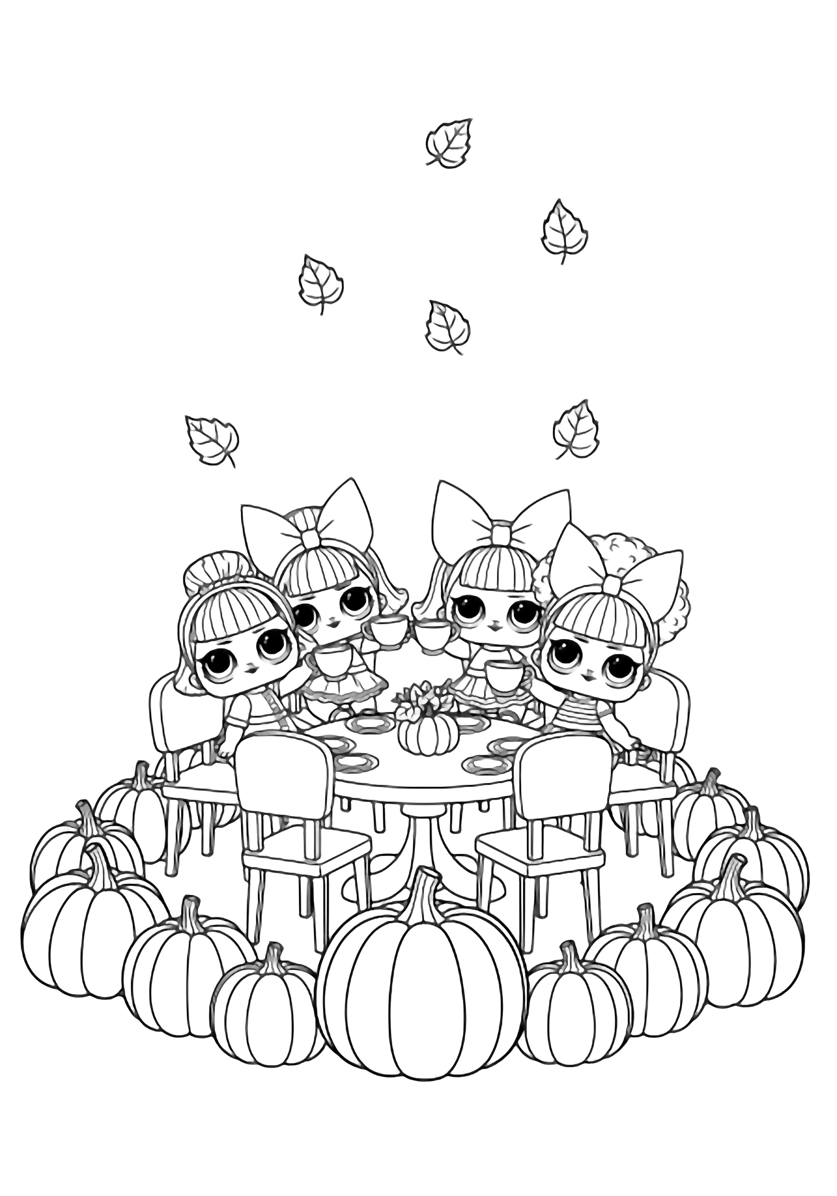 Four smiling LOL dolls with big bows sit around a tiny table, raising teacups; pumpkins encircle them while simple leaves drift overhead; two chairs remain empty. kleurplaat