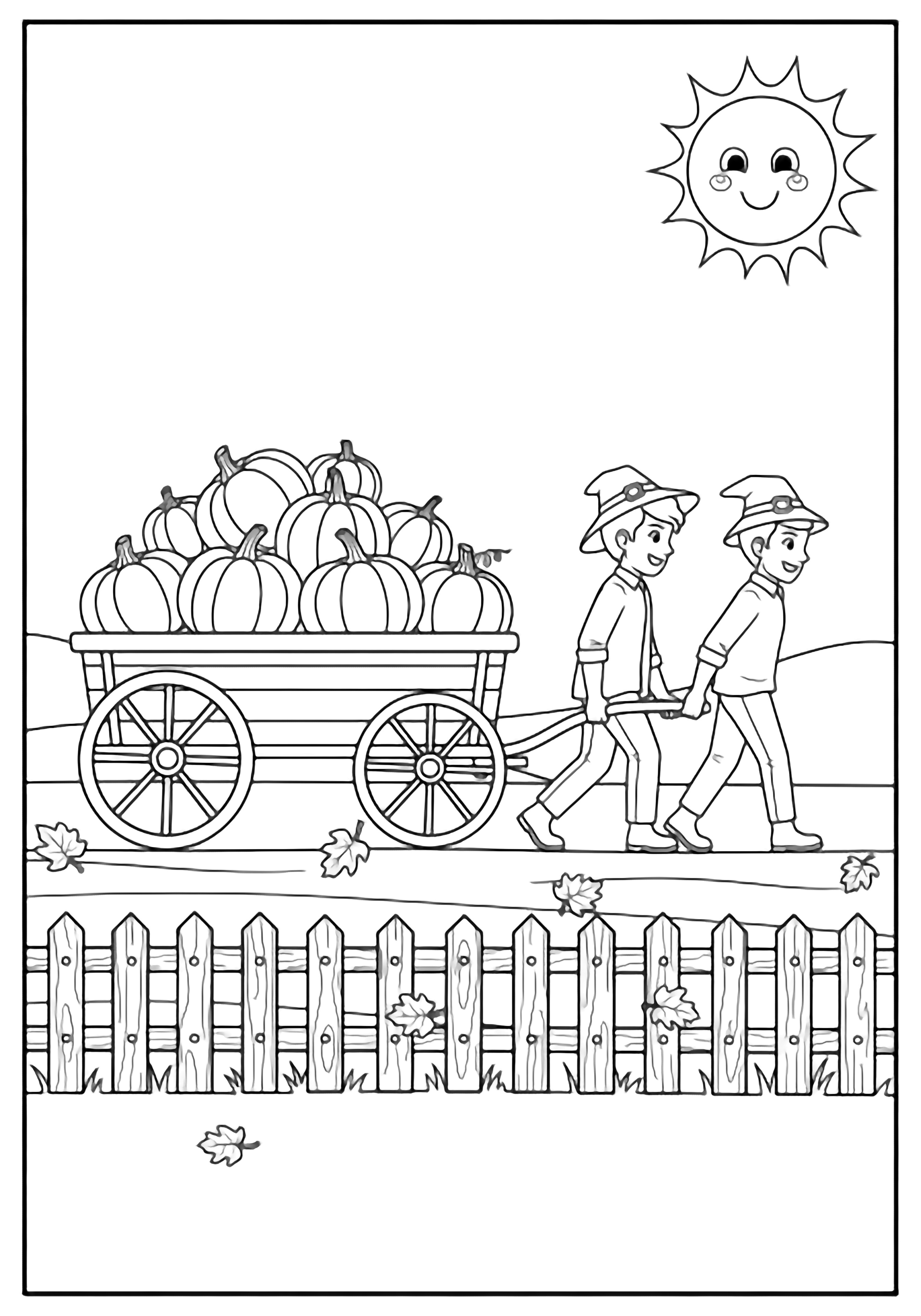 Two happy kids haul a wagon full of round pumpkins past a picket fence, drifting leaves, low horizon, and a smiling sun. kleurplaat