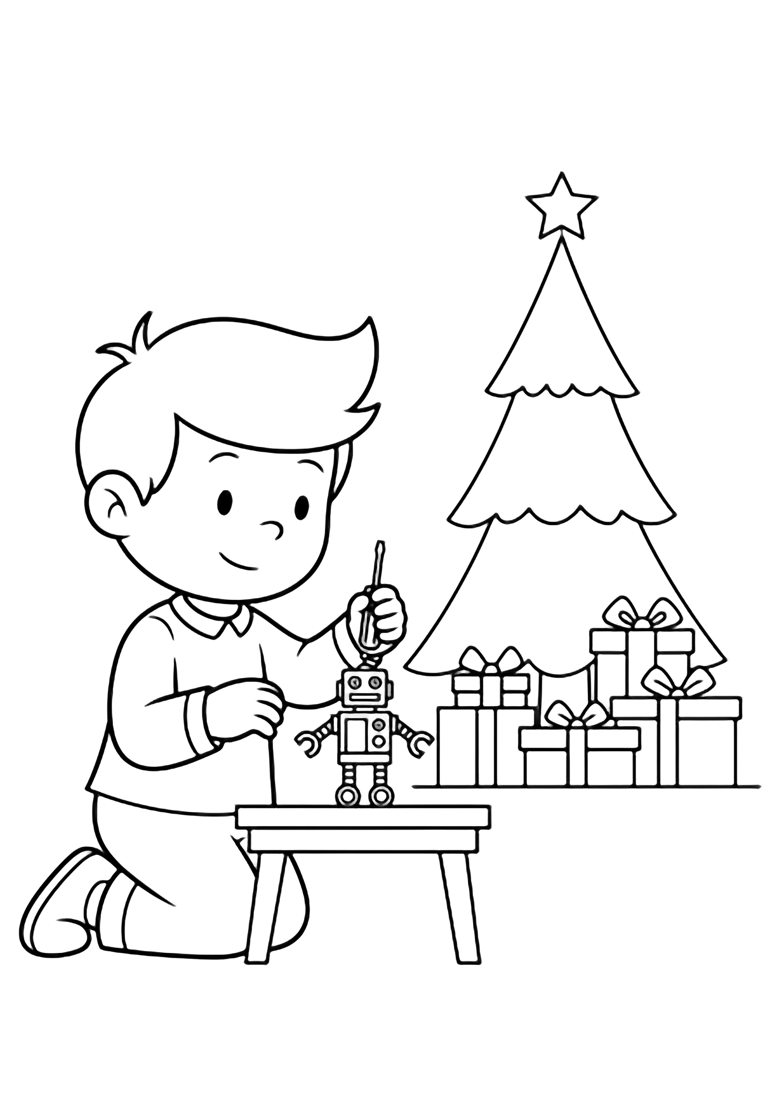 Edward kneels at a low table fixing a toy robot while a Christmas tree, star, and gift boxes stand behind him. kleurplaat