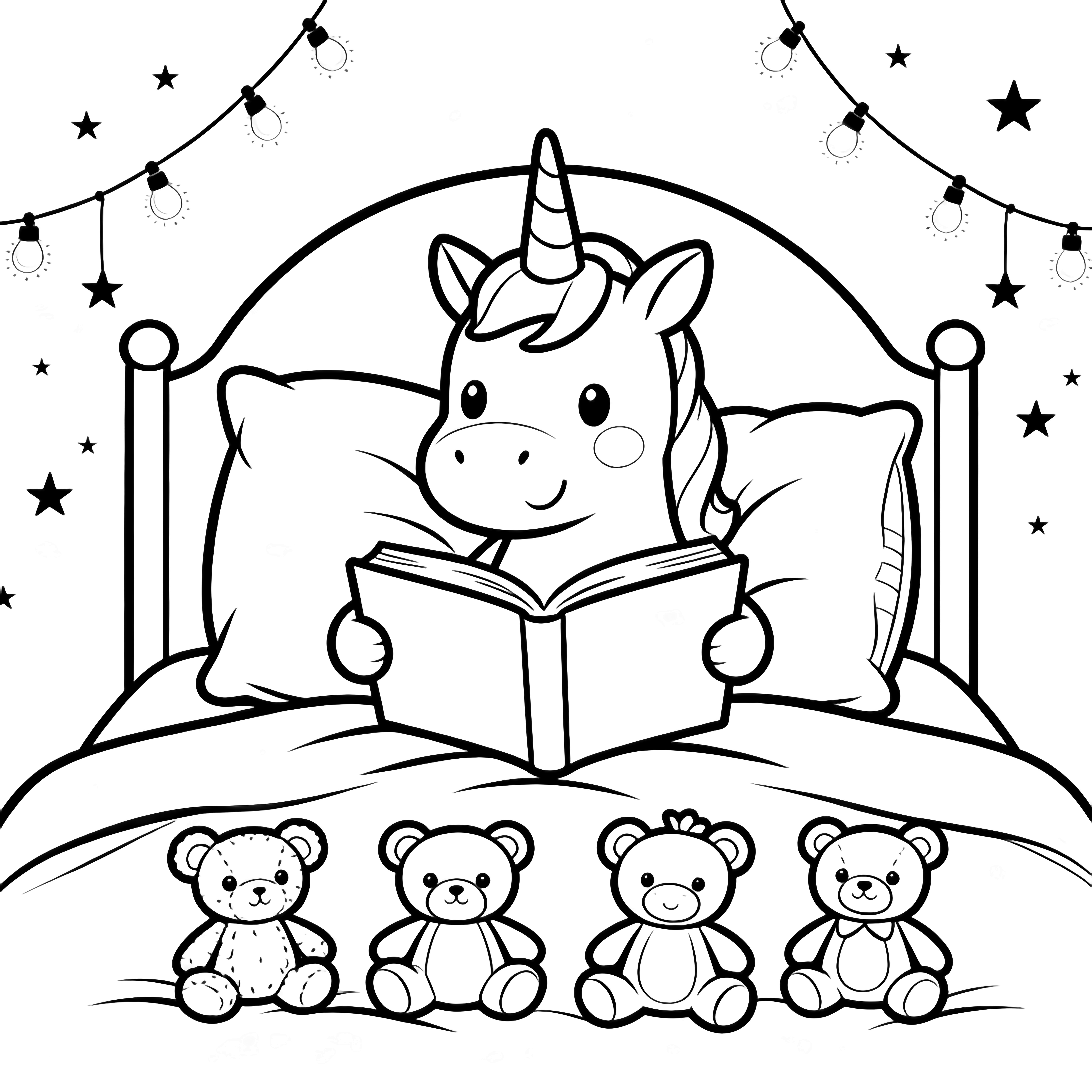 A smiling unicorn reclines on pillows reading a book in a cozy bedroom with plush toys, fairy-light strings, and tiny stars. kleurplaat