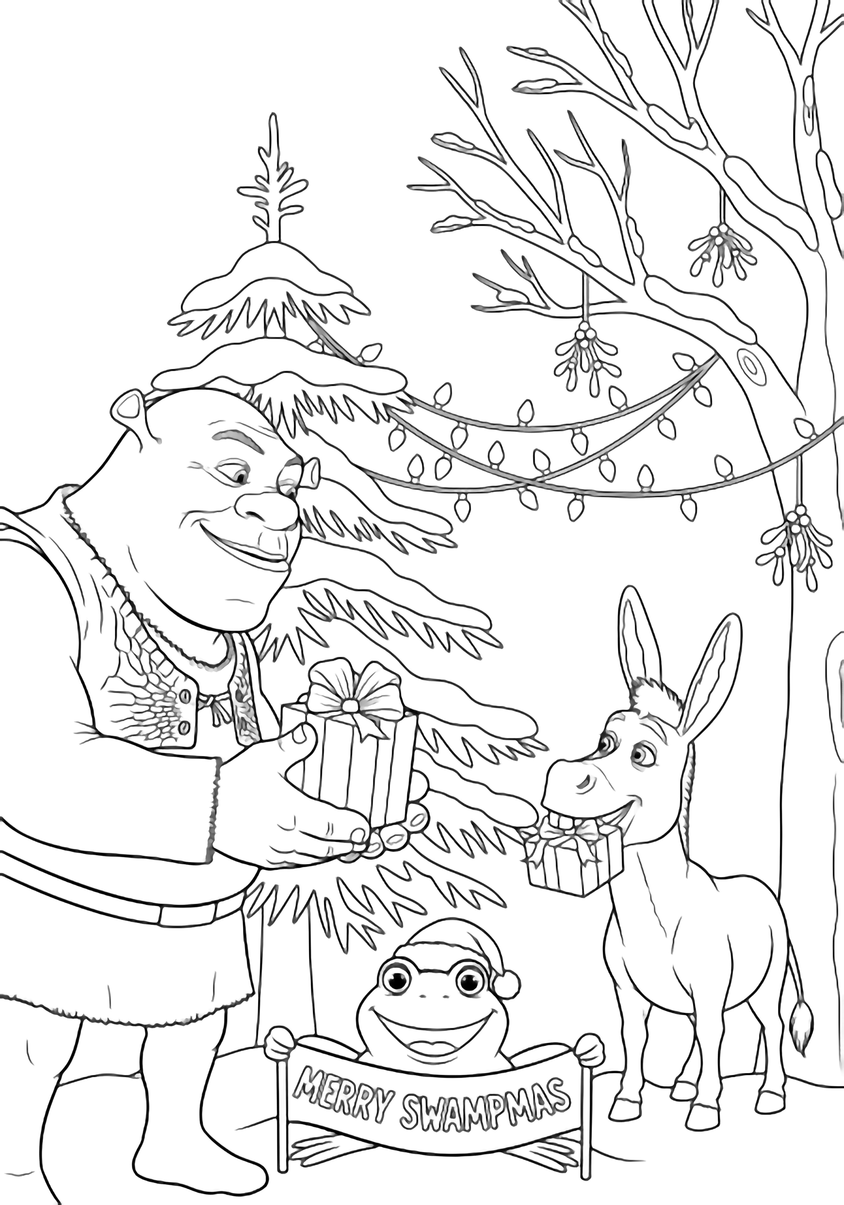 illustration on a Shrek and Donkey exchange gifts beside a small swamp pine; tangled lights drape between two trees hung with mistletoe snow outlines branches and a smiling frog holds a banner reading "Merry Swampmas " clean black kleurplaat