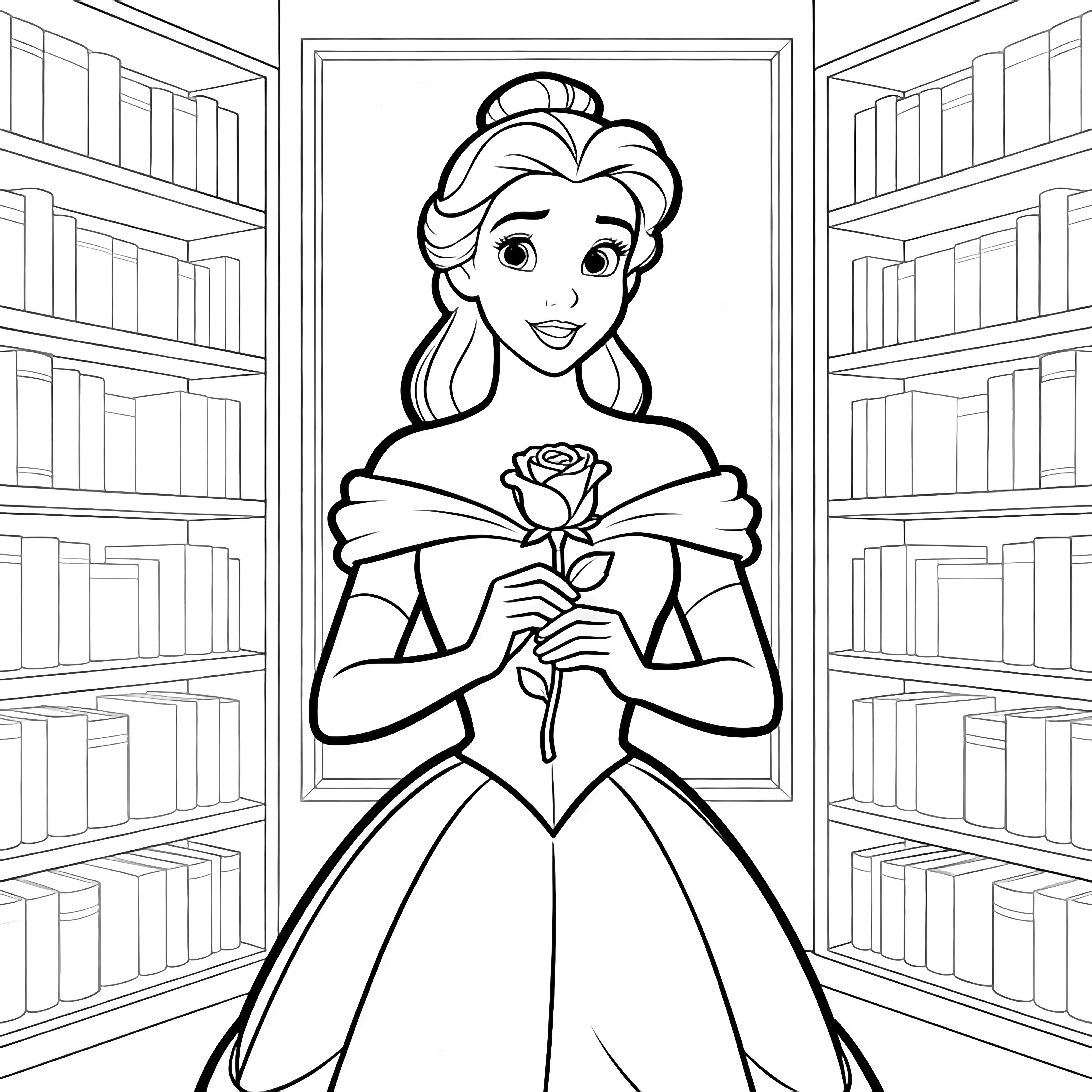 Belle in a simple gown, hair half-up, cradling a rose at her heart, stands before empty library shelves. kleurplaat