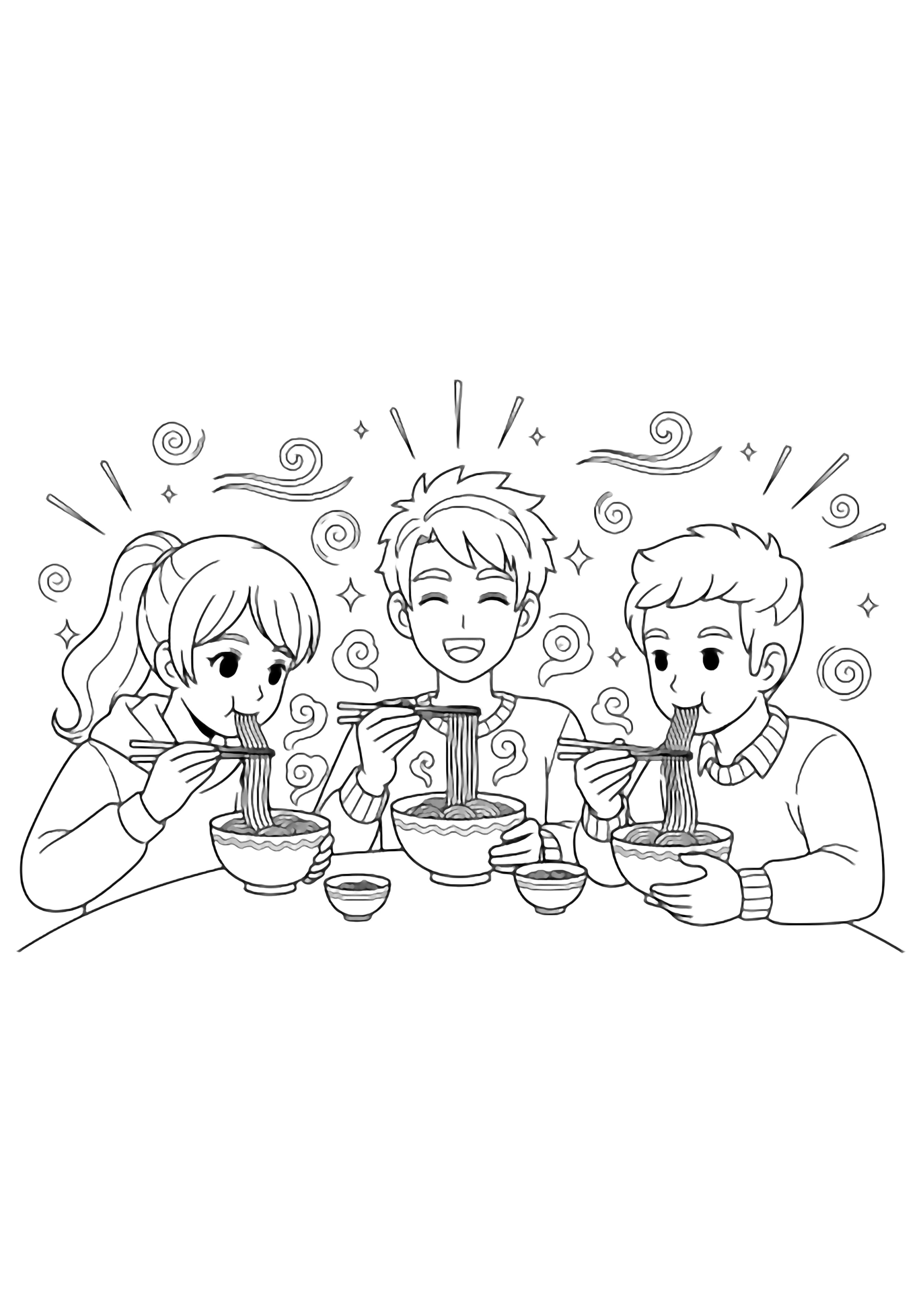 Three cheerful anime friends eating noodle soup, surrounded by swirling steam, sparks, wind lines, chopsticks, bowls, and smiling faces. kleurplaat