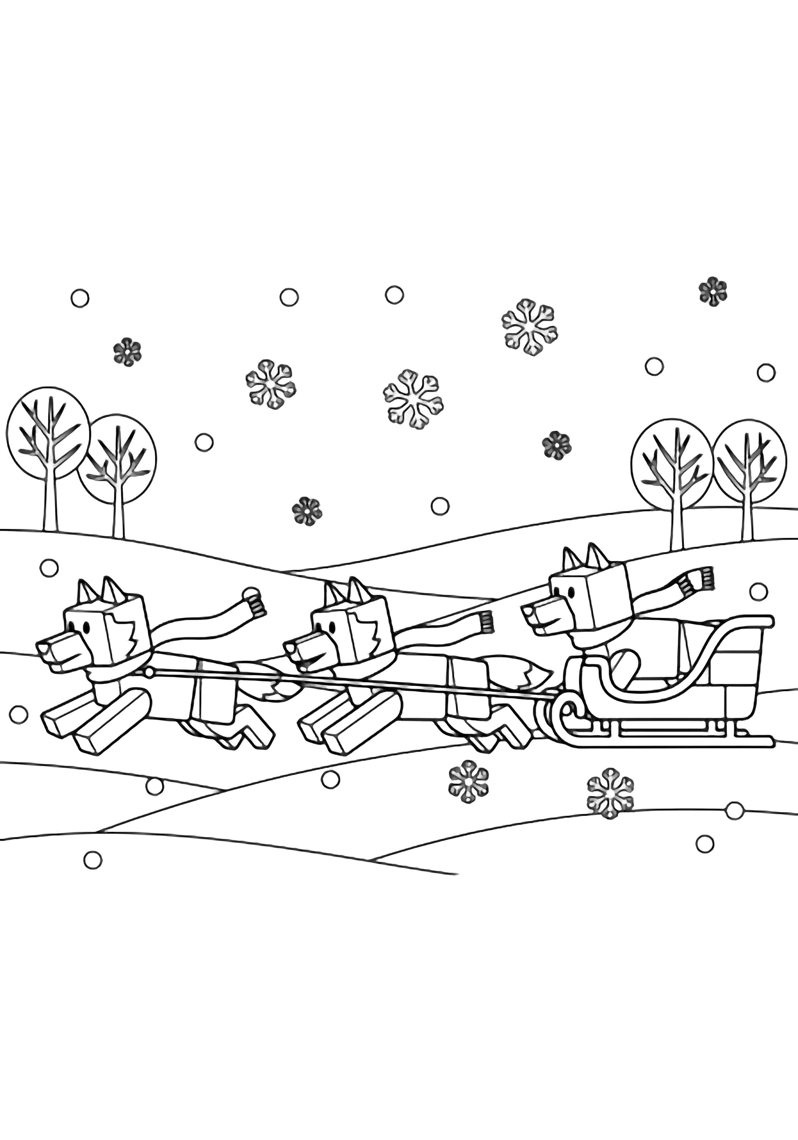 Three blocky wolves wearing simple scarves run beside a tiny blocky sleigh across rolling snow dunes, bare trees, and falling snowflakes. kleurplaat