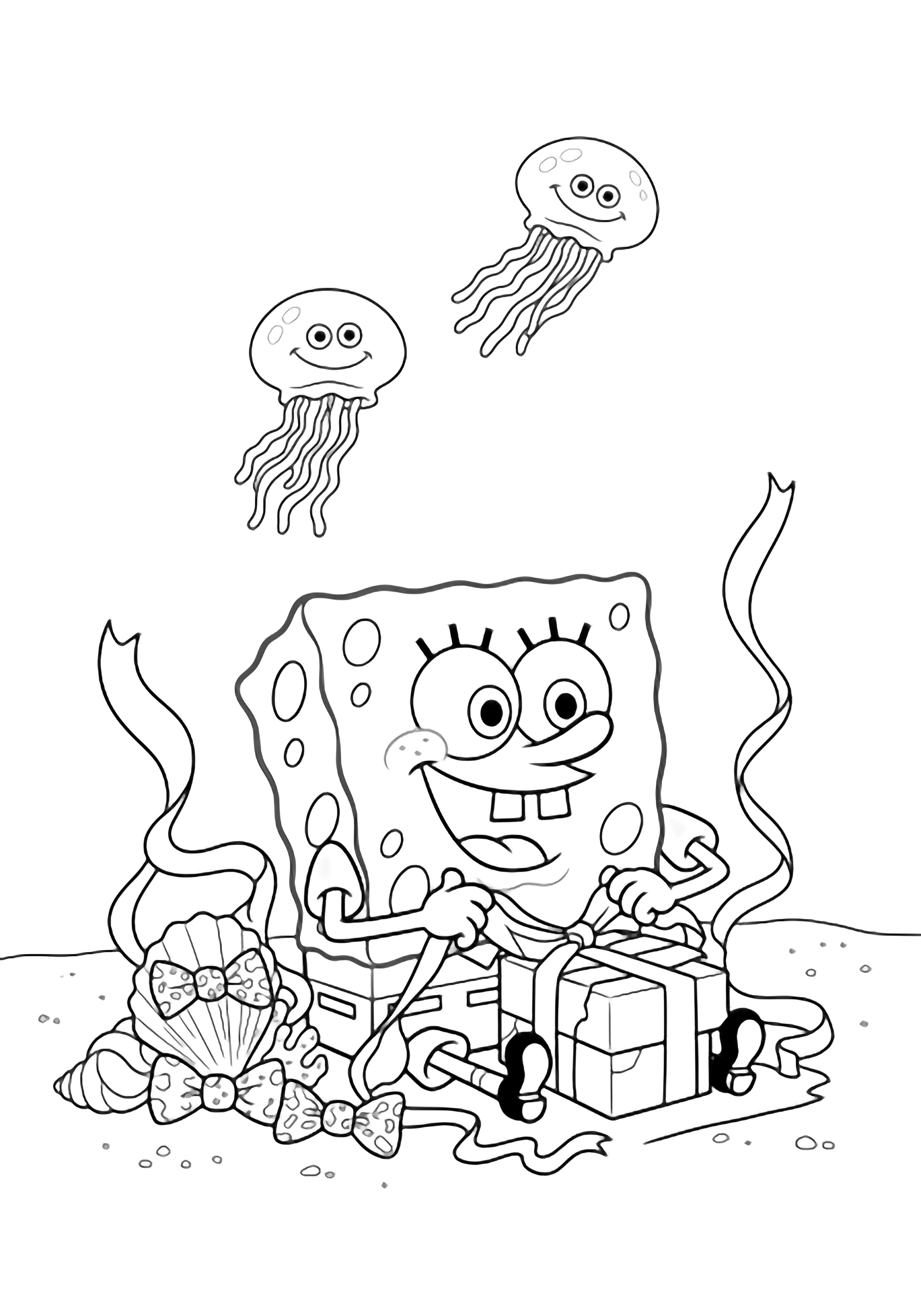 SpongeBob sits cross-legged wrapping square presents, wavy ribbon curling from shell-coral bows; two smiling jellyfish drift behind on a simple sandy floor. kleurplaat