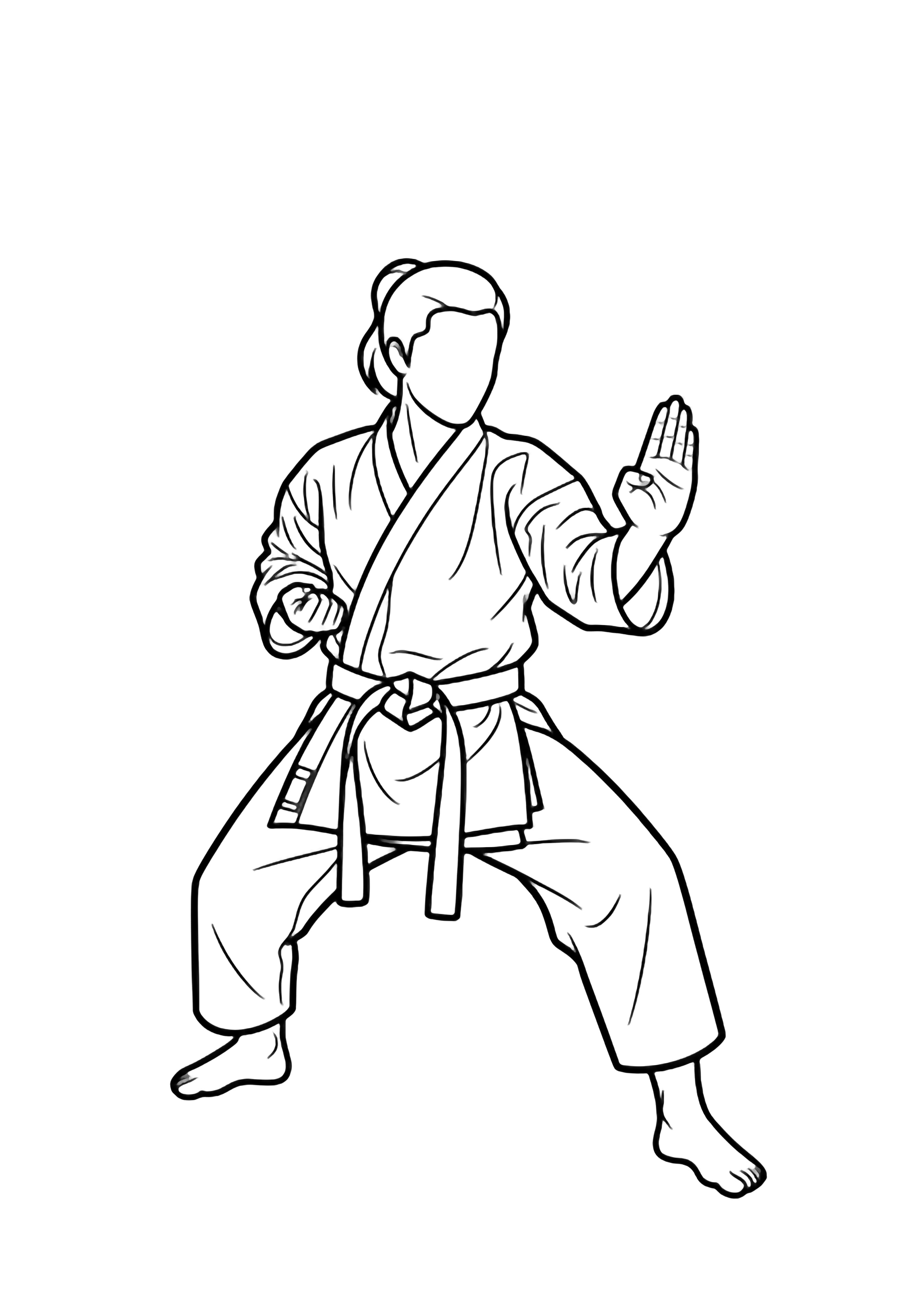 A confident karate fighter stands ready in a loose gi and black belt, hair tied back, arms poised, bold clean outlines. kleurplaat