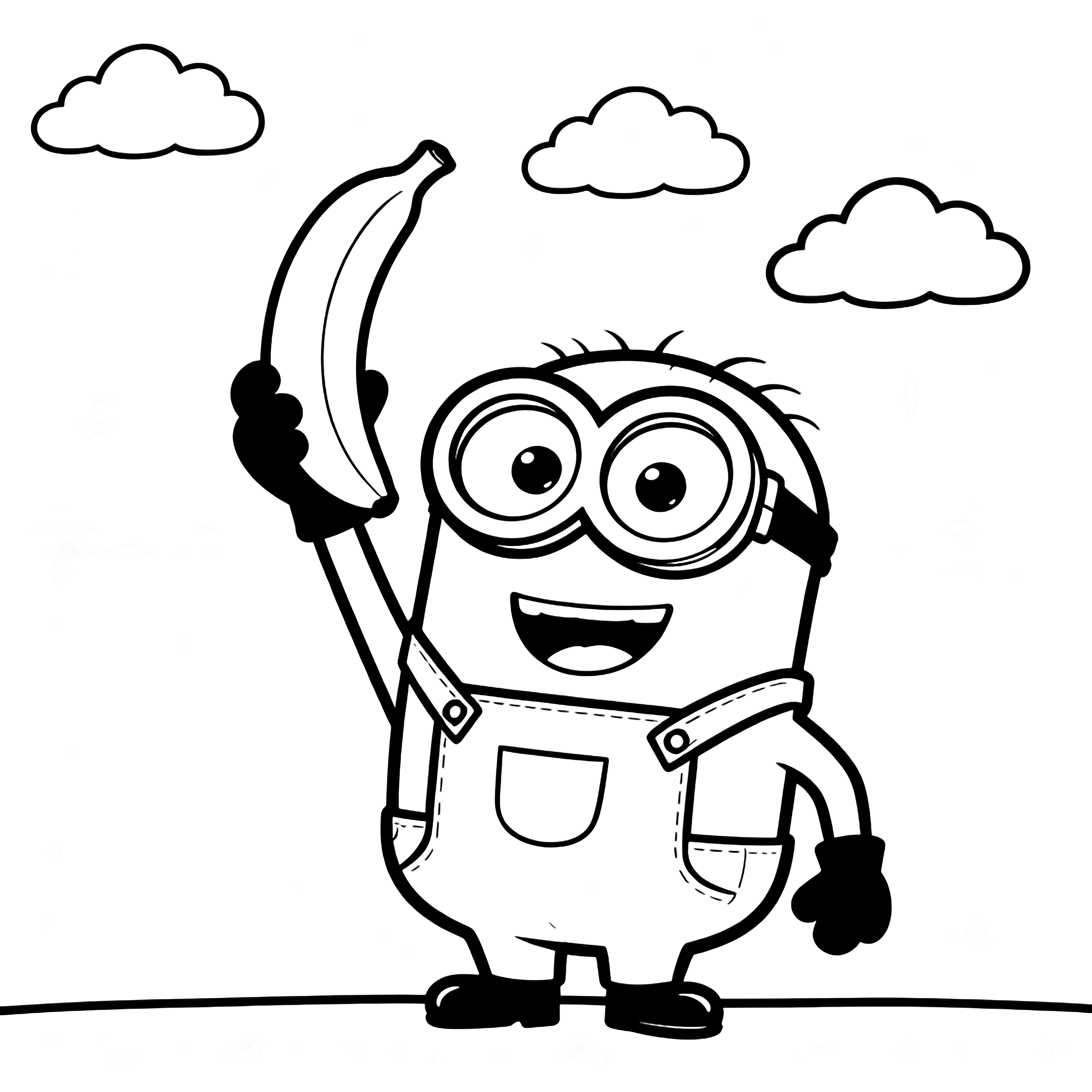 A cheerful Minion stands proudly holding up a banana, wearing goggles and overalls, with three fluffy clouds above. kleurplaat