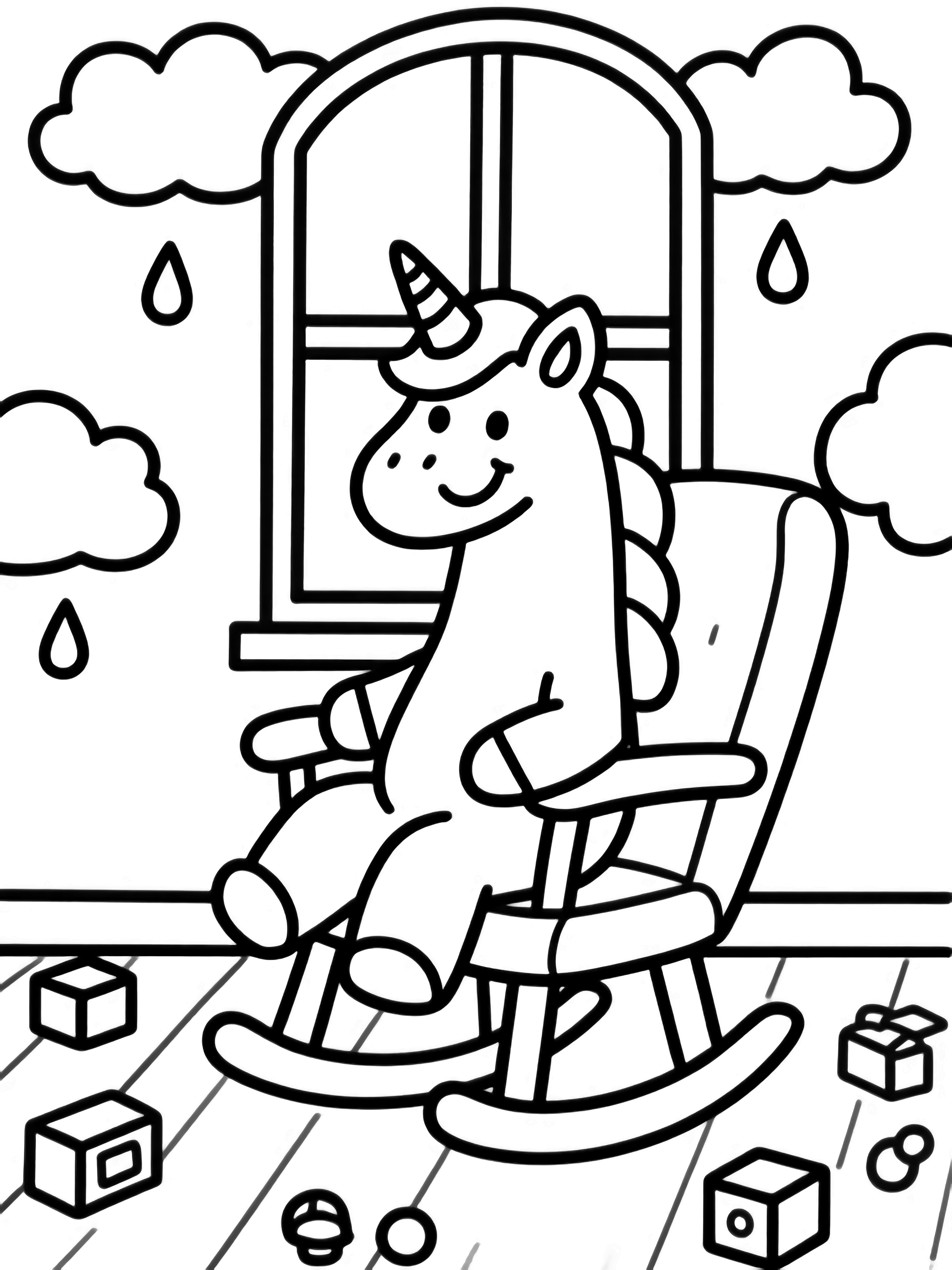 A smiling unicorn sits upright in a rocking chair beside an open window; raindrops, clouds, and toy blocks complete the cozy nursery scene. kleurplaat