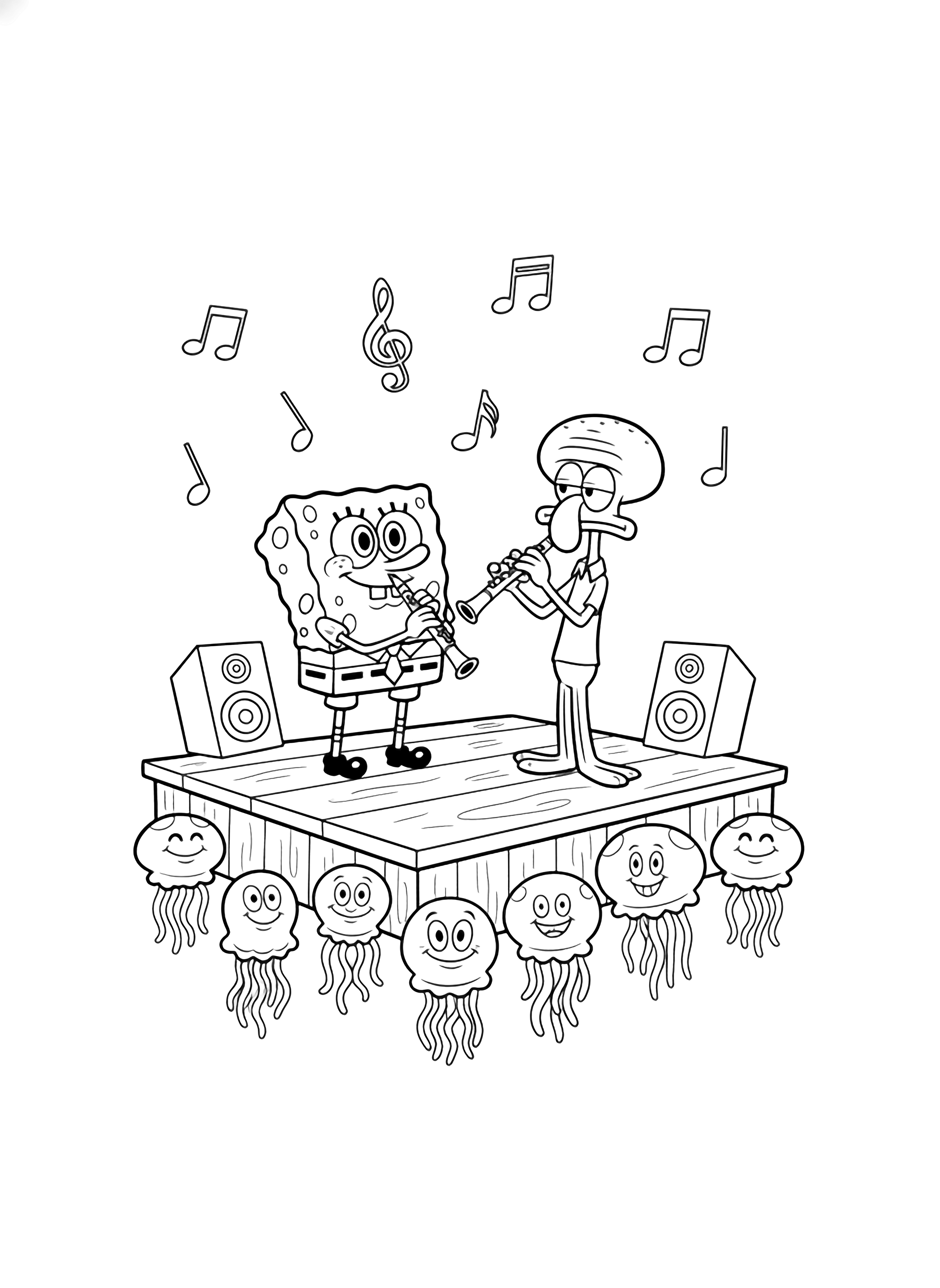SpongeBob and Octo stand on a tiny stage with clarinets, speakers, floating music notes, and smiling jellyfish audience. kleurplaat