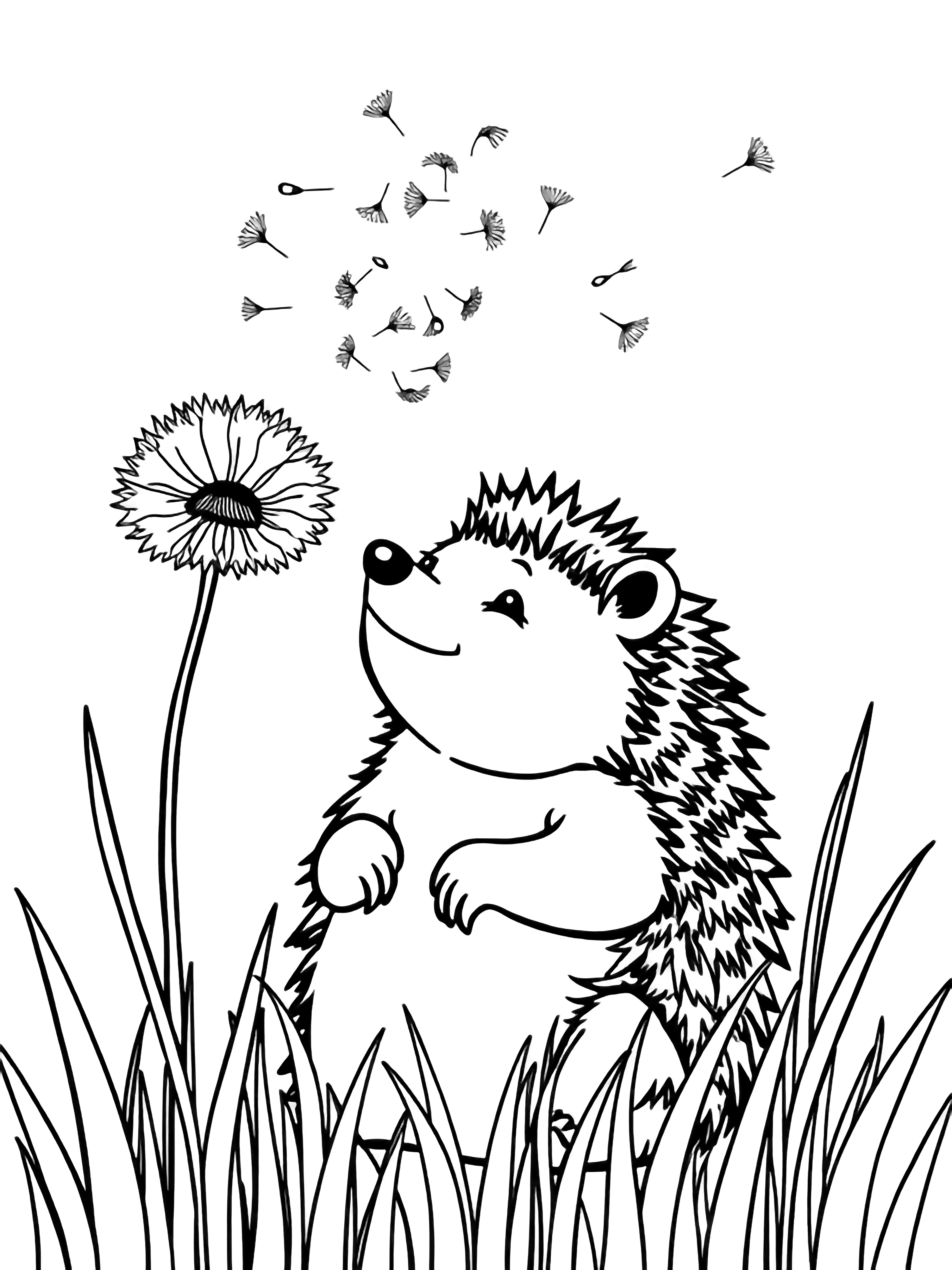 A cheerful hedgehog puffs at a dandelion, sending seeds drifting among tall grass. kleurplaat