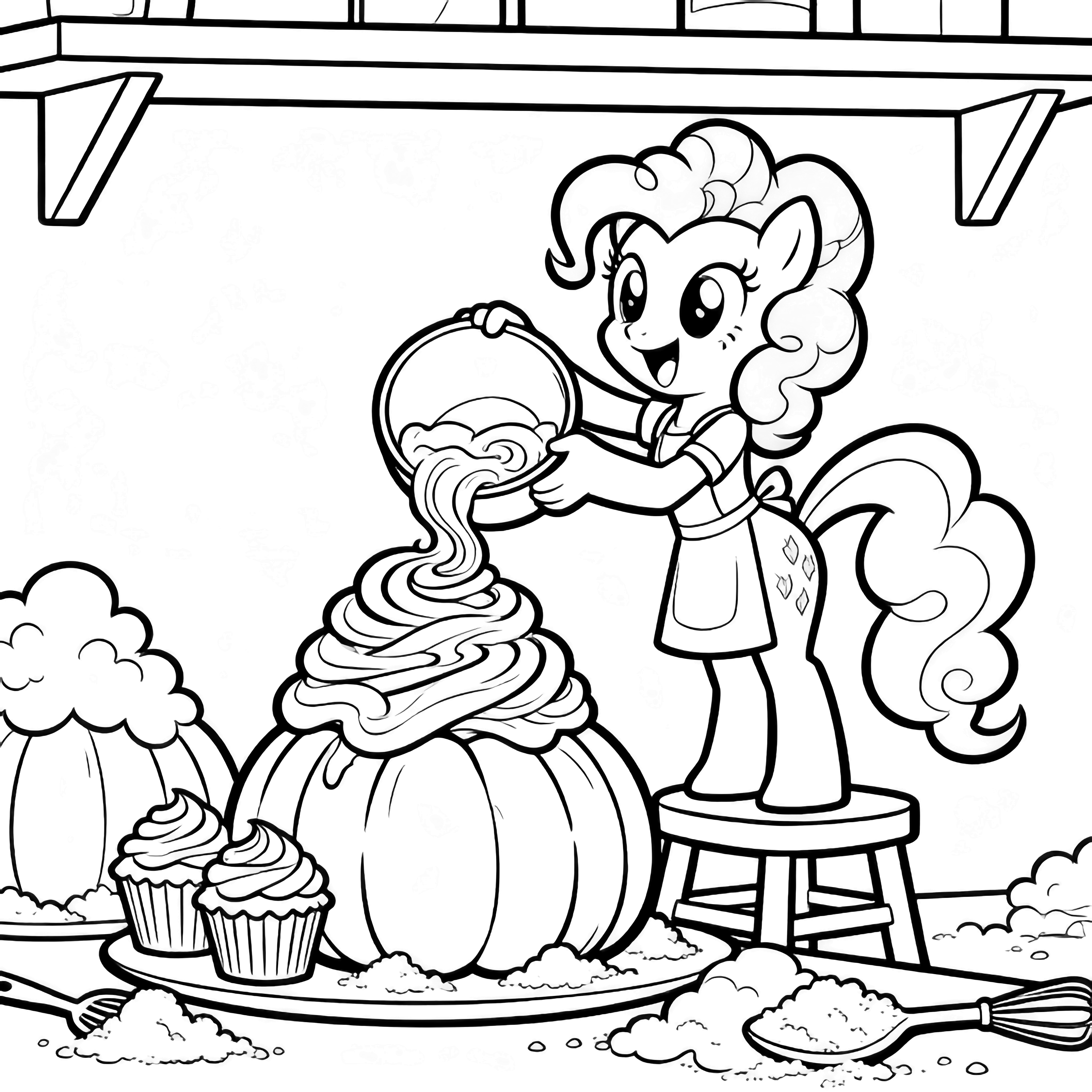 Pinkie Pie on a stool pours frosting that billows over pumpkin-cupcake mountains; flour clouds and utensils float around her beneath a kitchen shelf. kleurplaat