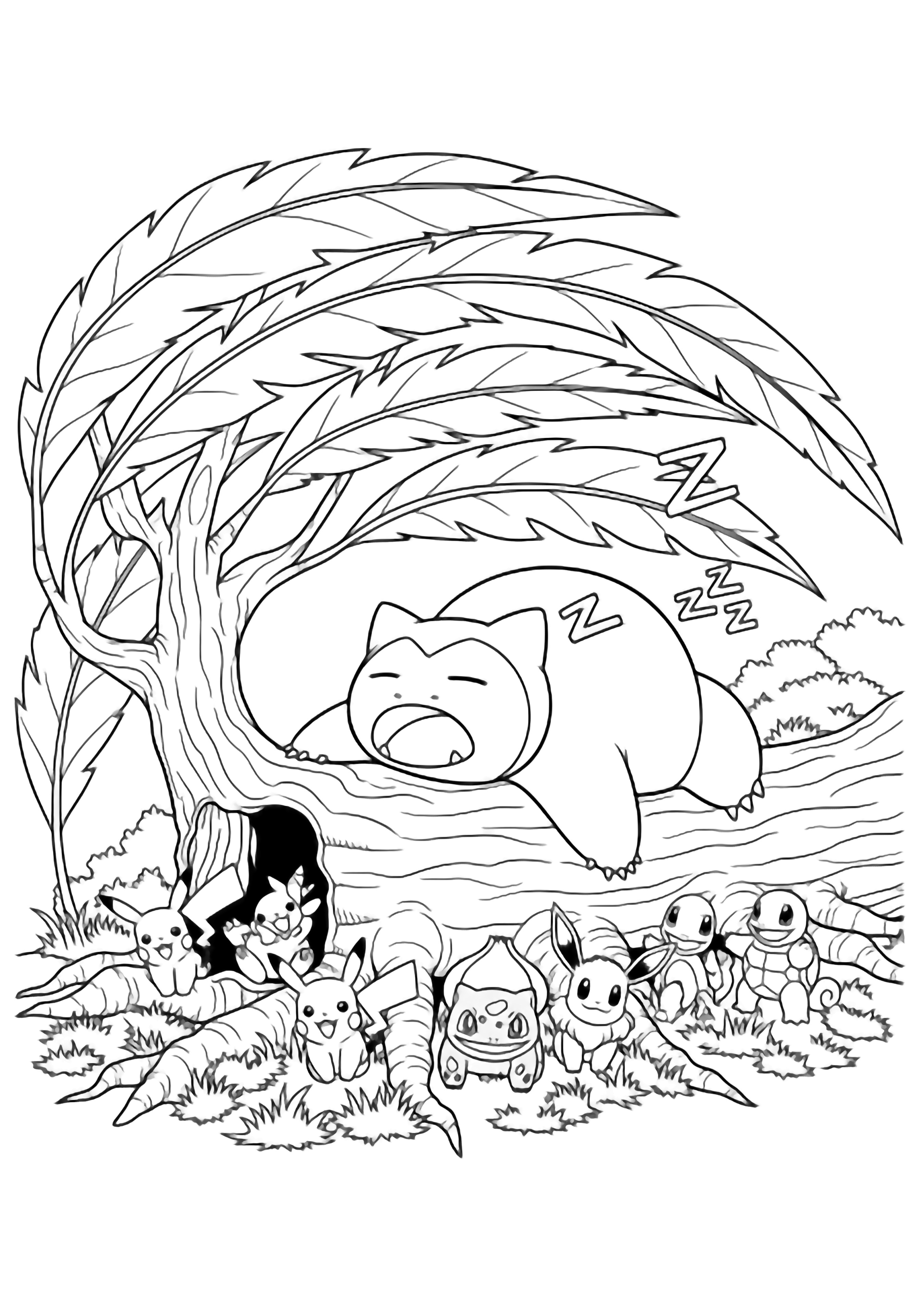 Snorlax lies belly-up on a wide tree trunk, mouth open; small Pokmon peek from grass around the roots, large leaves arch above. kleurplaat