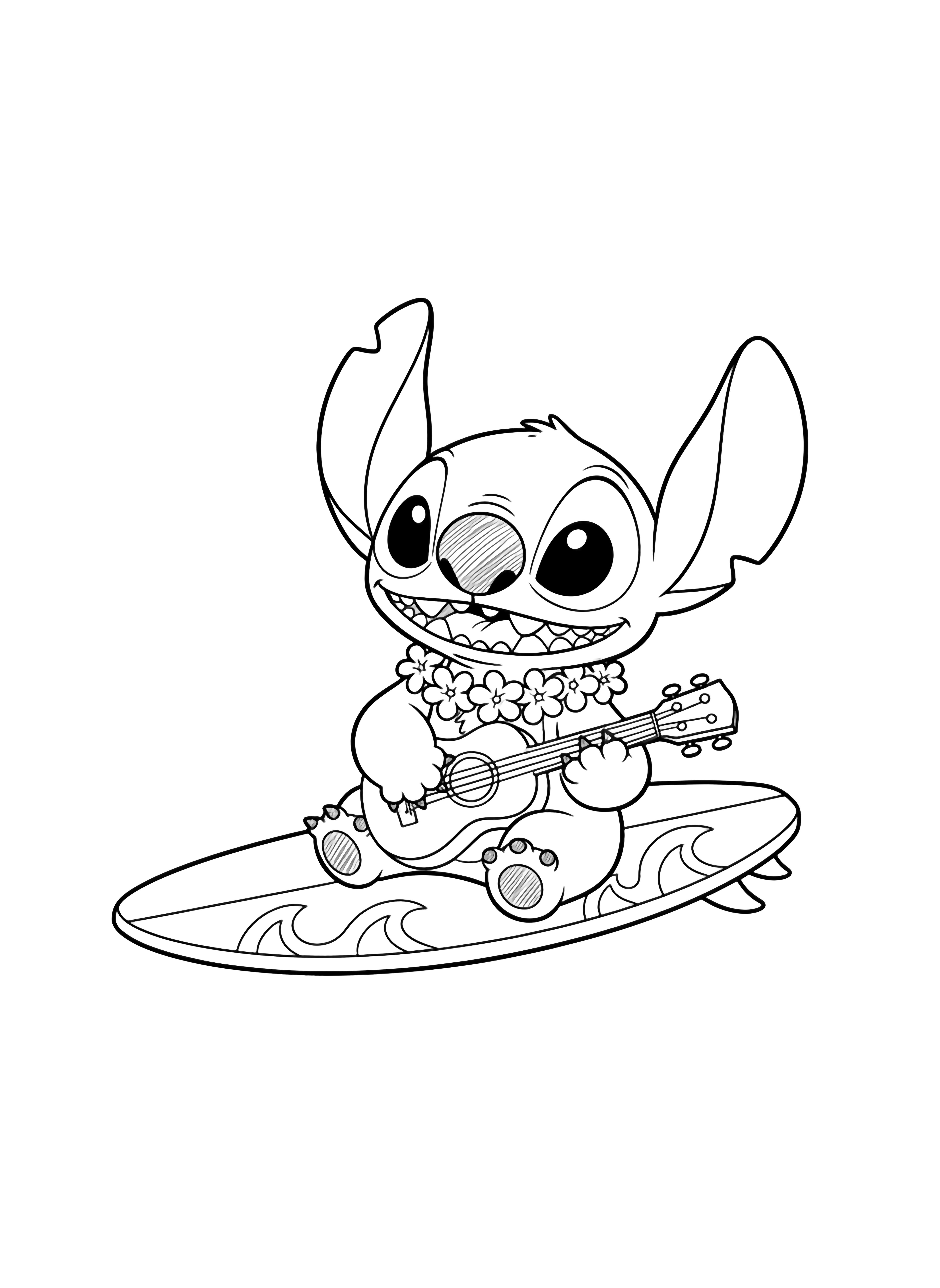 A black and white page showing Labubu dressed up as Stitch from Lilo & Stitch Labubu wears Stitch's trademark Hawaiian flower lei around the neck and has Stitch's big round ears and playful grin The mischievous Labubu is sitting on a smooth surfboard happily strumming a tiny ukulele clean black and white line drawing minimal shading no colour no fill kleurplaat
