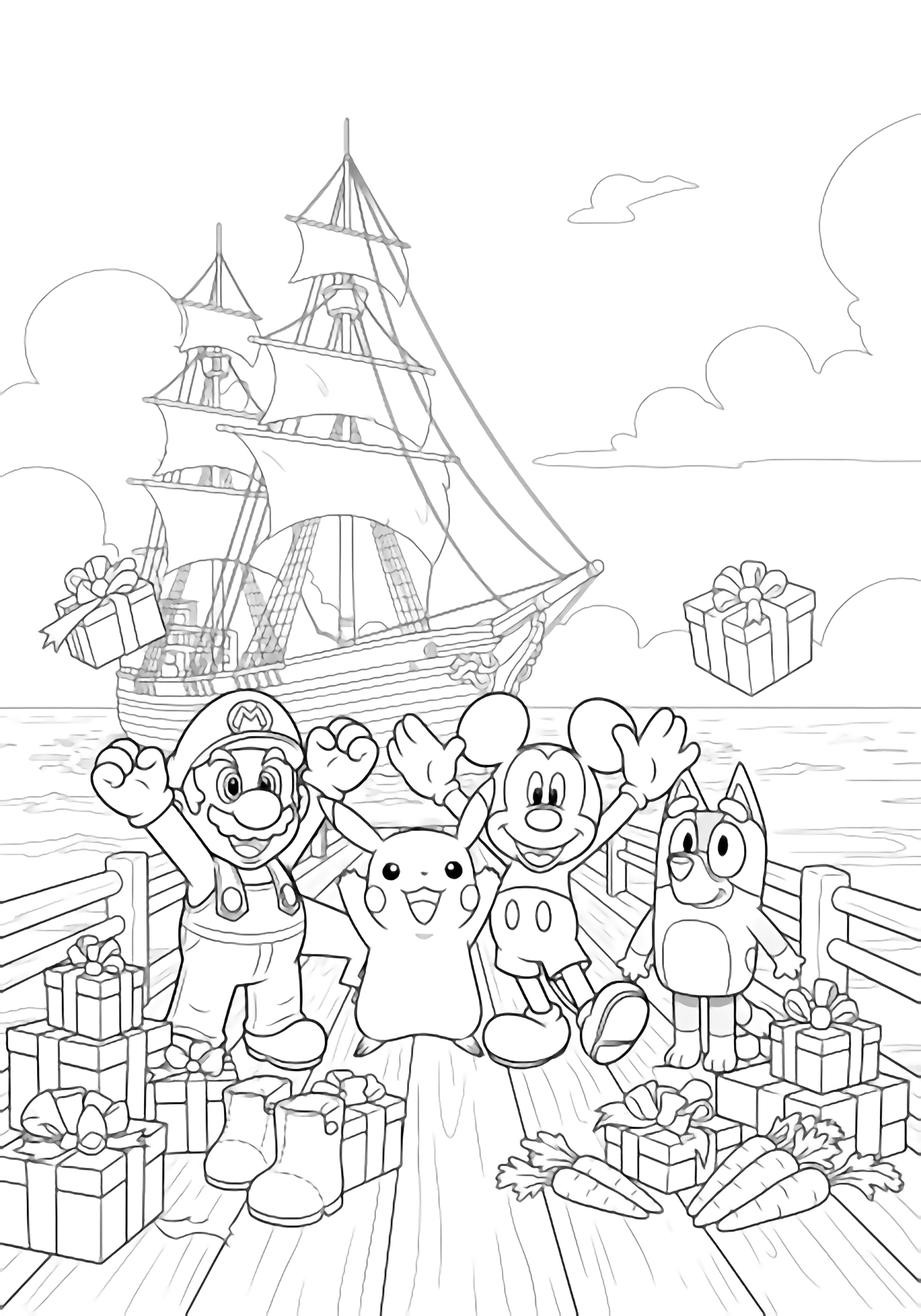 Mario, Pikachu, Mickey, and Bluey cheer on a pier beside a looming giant boat, with stacked gift boxes, boots, and carrot bundles scattered around. kleurplaat