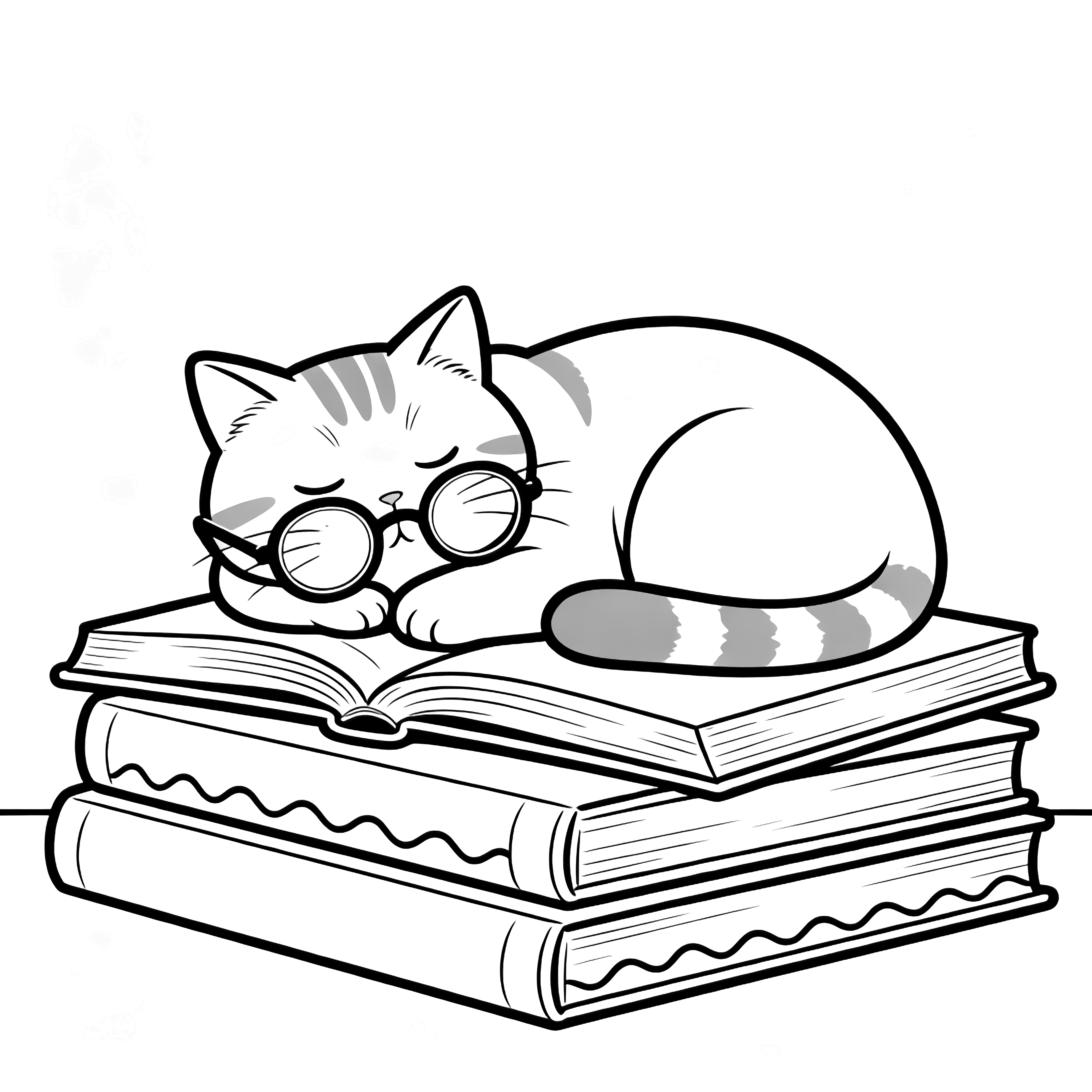 A plump cat naps on an open book, wearing spectacles, beside a tidy stack of three larger books. kleurplaat