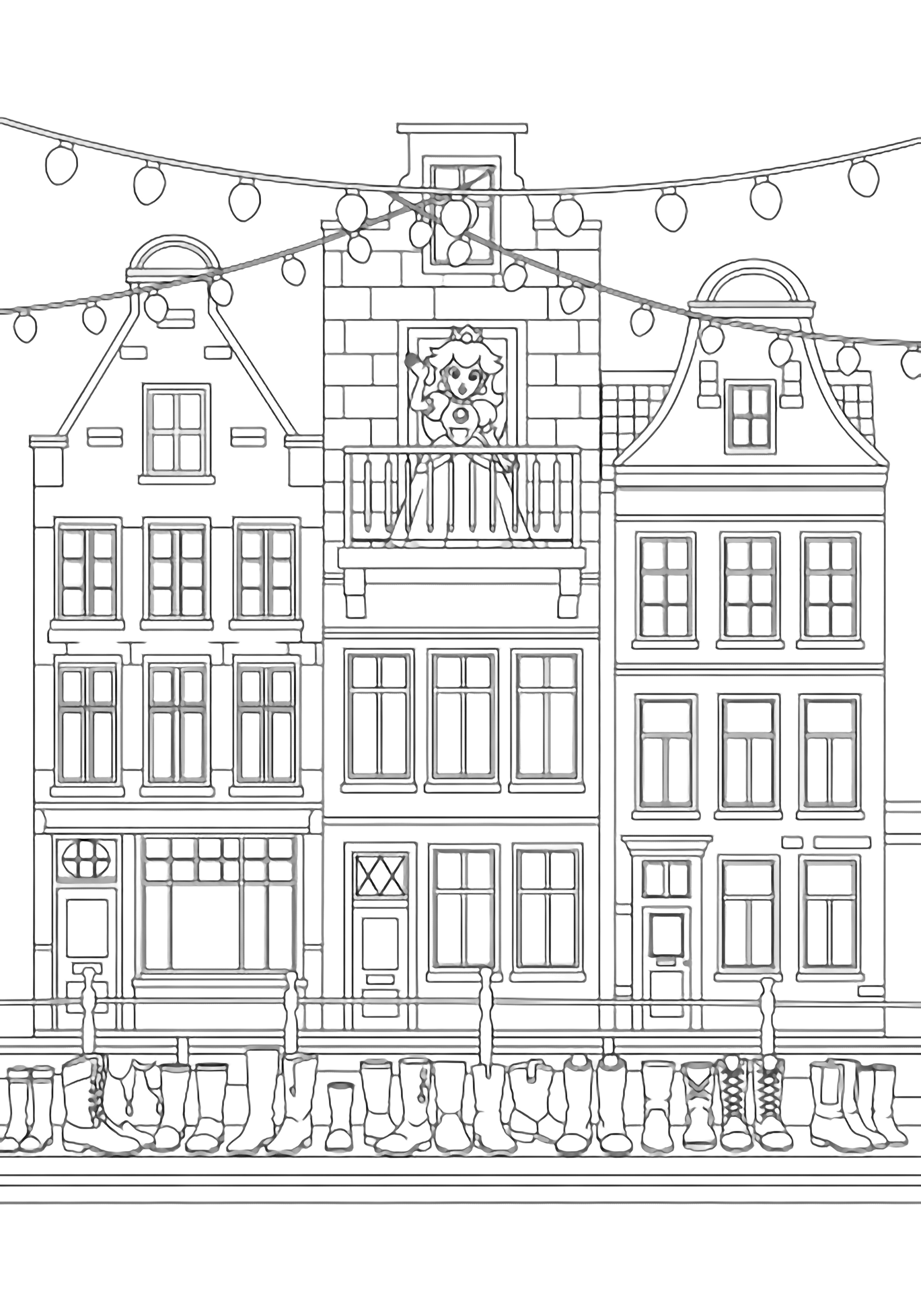 Princess Peach waves from a balcony above canal houses with stepped gables; empty boots line the quay and simple light strings hang overhead. kleurplaat