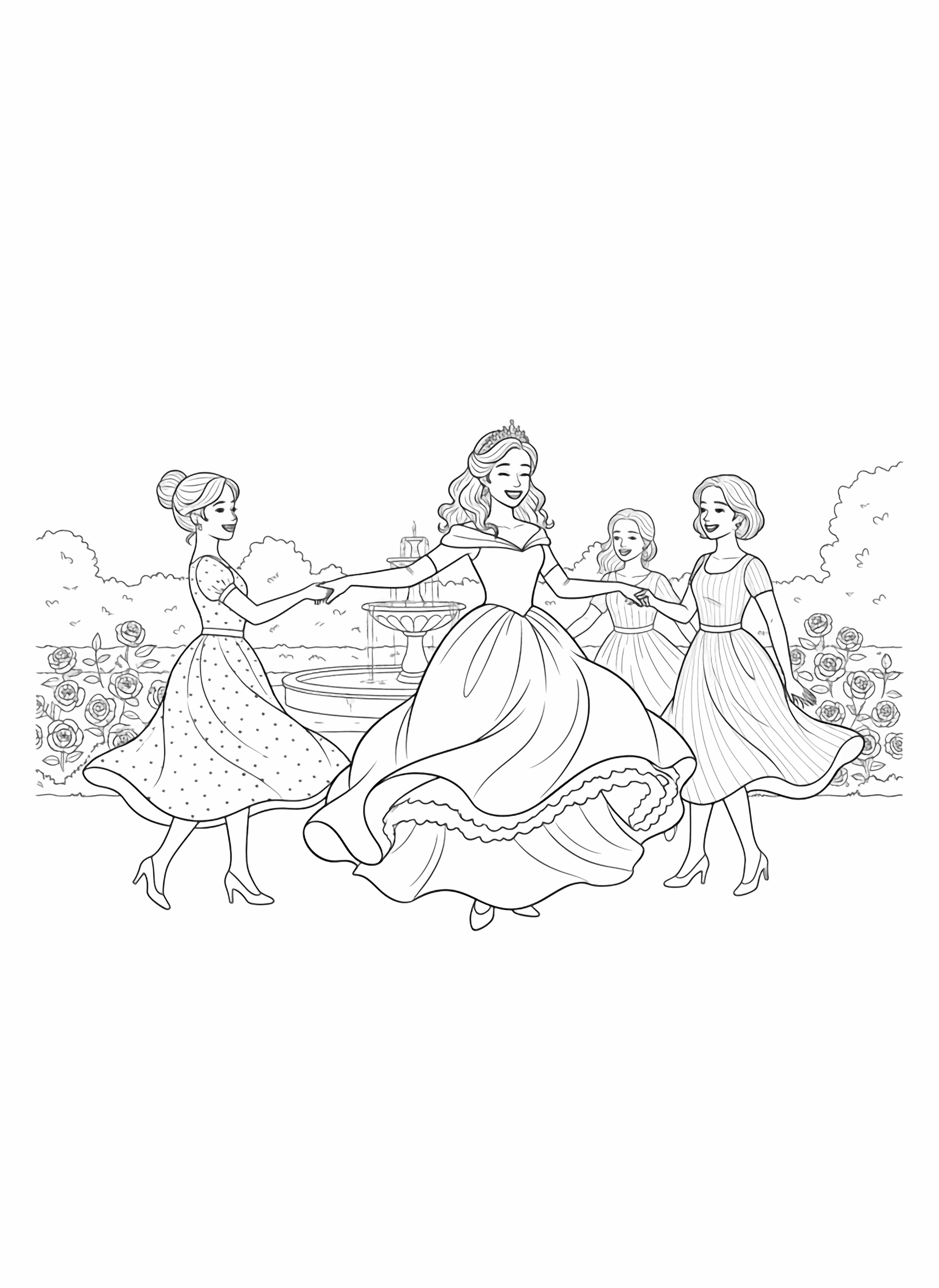 A black and white illustration of a joyful British princess dancing in a royal garden with her three best friends The princess wears a flowing ball gown with a full skirt a dainty tiara nestled in her elegantly curled hair and charming gloves reaching past her elbows She holds hands with her friends who twirl clean black and white line drawing minimal shading no colour no fill kleurplaat