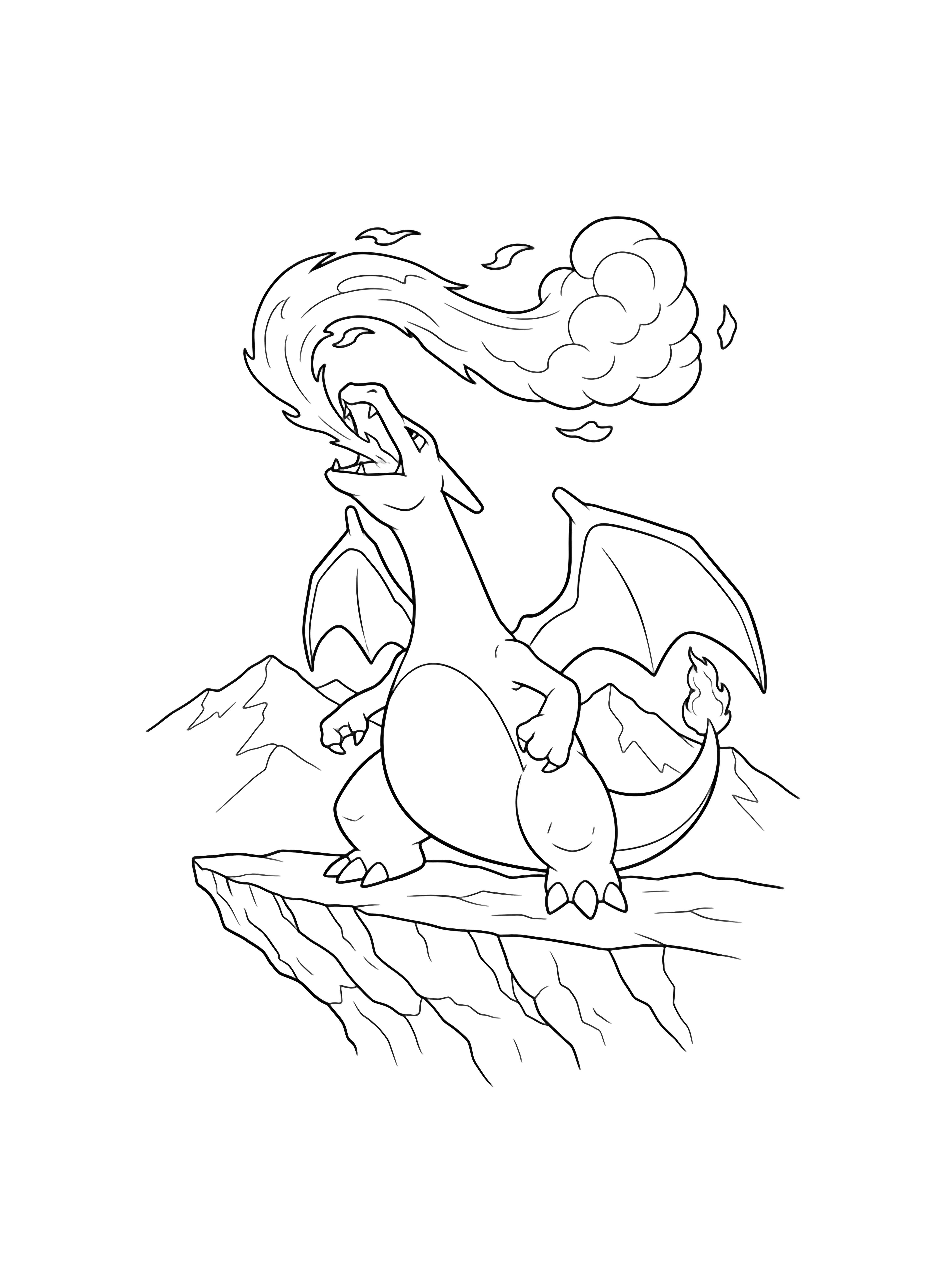 Charizard on a rocky ledge, neck arched, breathing a curling flame that becomes swirling smoke; simple mountains behind. kleurplaat