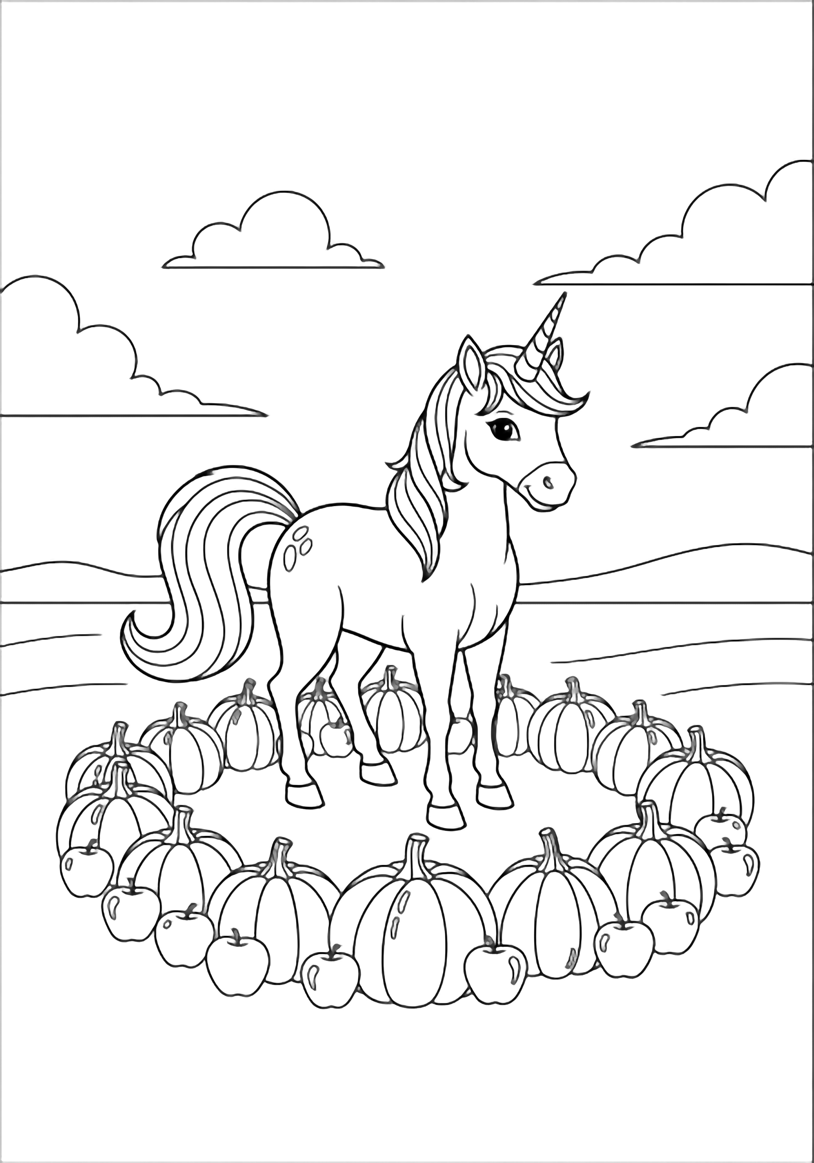 Een vrolijke eenhoorn met een spiraalvormige manen staat tussen een kring van pompoenen en appels, met glooiende heuvels en drijvende wolken op de achtergrond. kleurplaat
