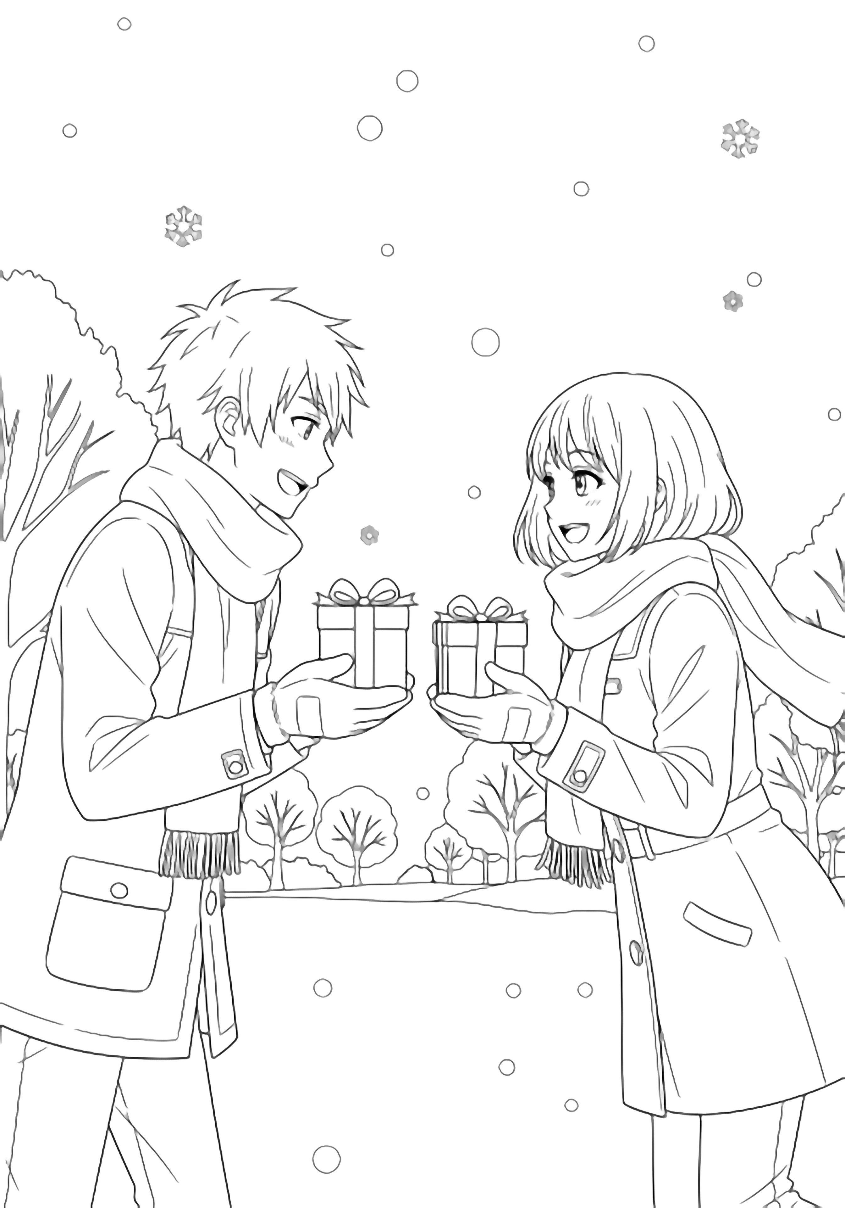 Yuji and Nobara smile, holding gift boxes toward each other in a snowy park with bare trees and light snowfall. kleurplaat