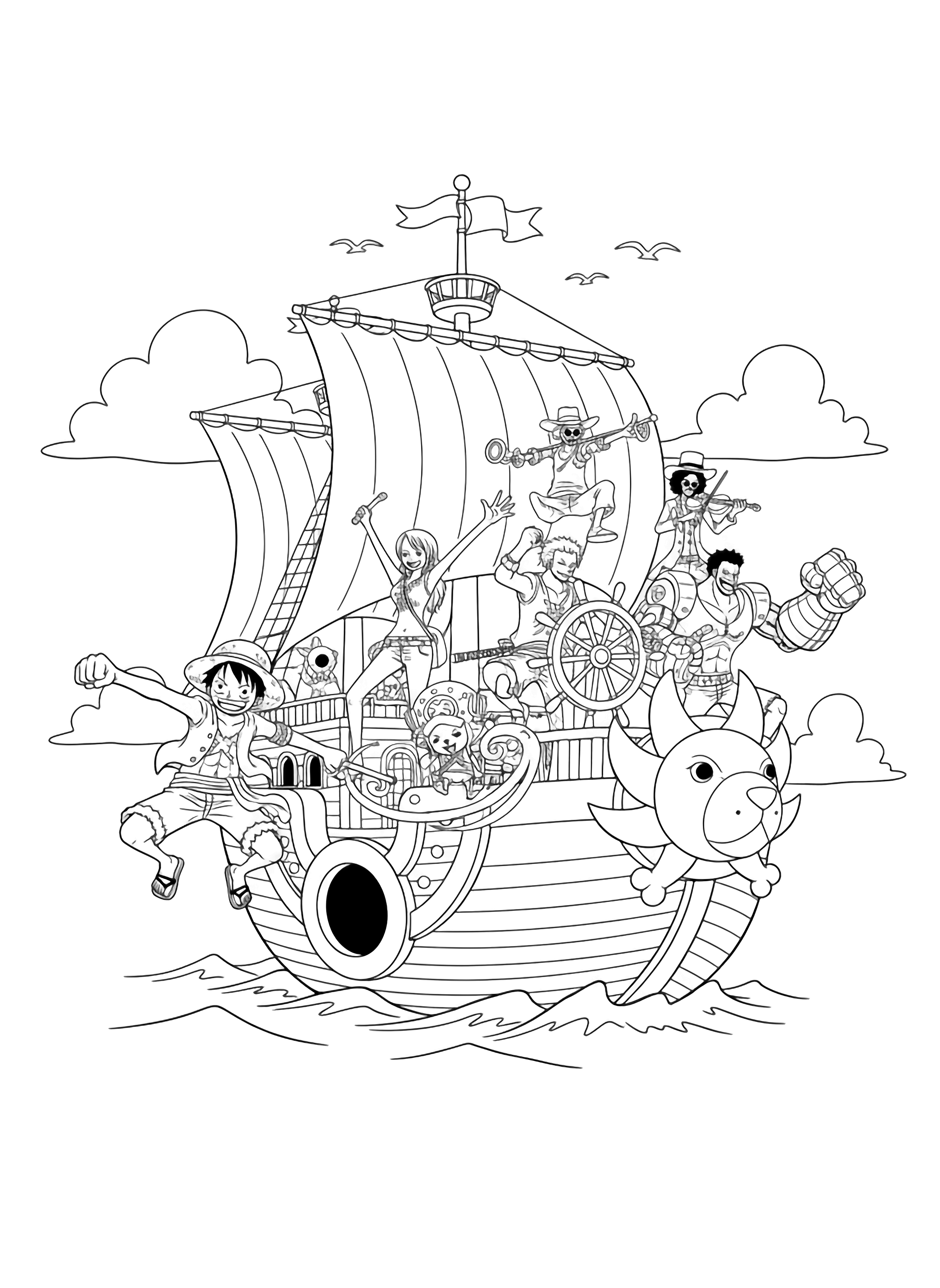 Luffy stands at the bow, Zoro steers, Nami grips her staff, Usopp aims slingshot, Sanji kicks, Chopper waves, Robin reads, Franky poses, Brook plays violin; seagulls above, waves and clouds frame the Thousand Sunny. kleurplaat