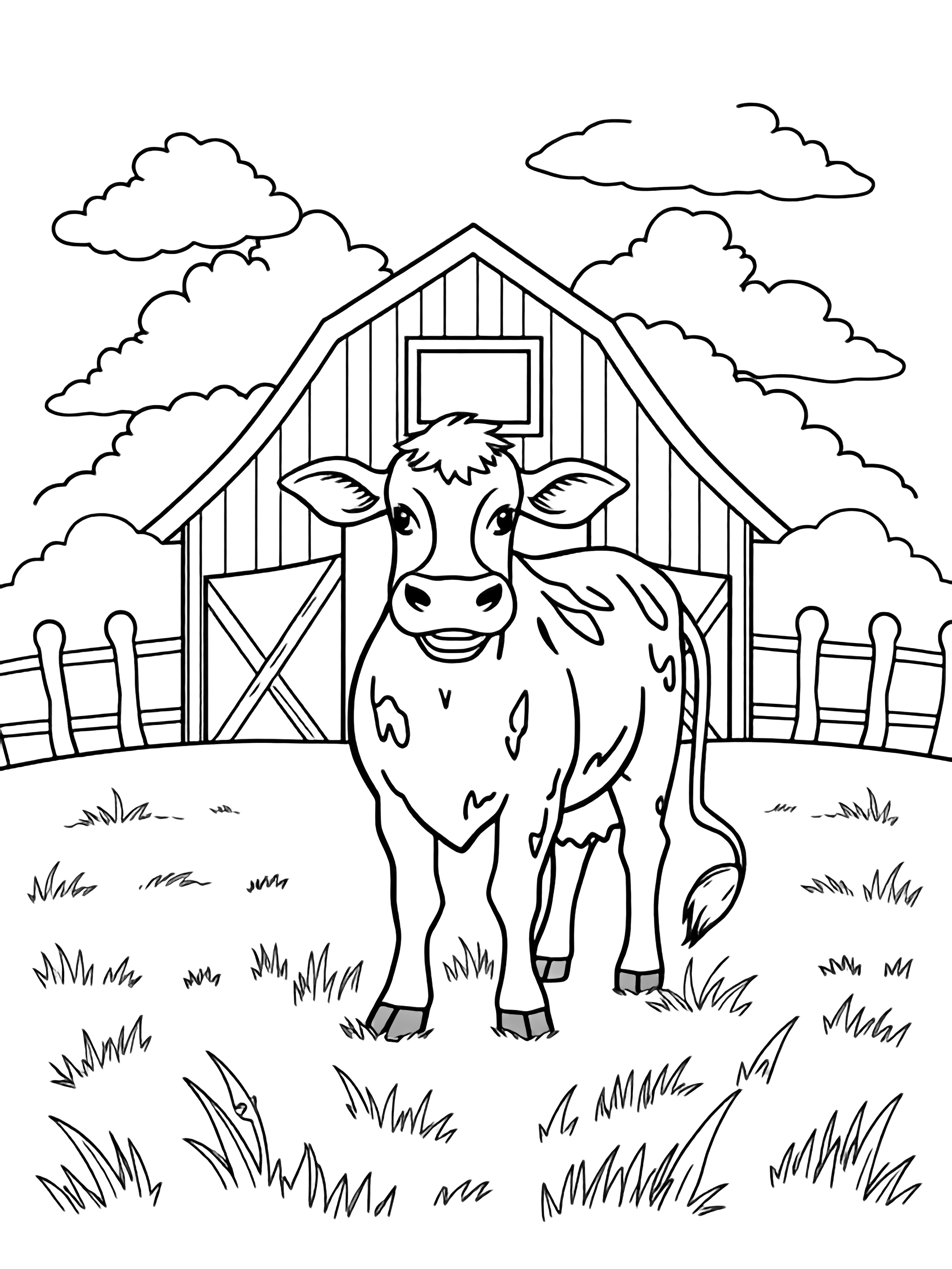 Cheerful cow grazing in meadow, tail flicking; behind her a barn with open doors, fence posts, fluffy clouds overhead. kleurplaat