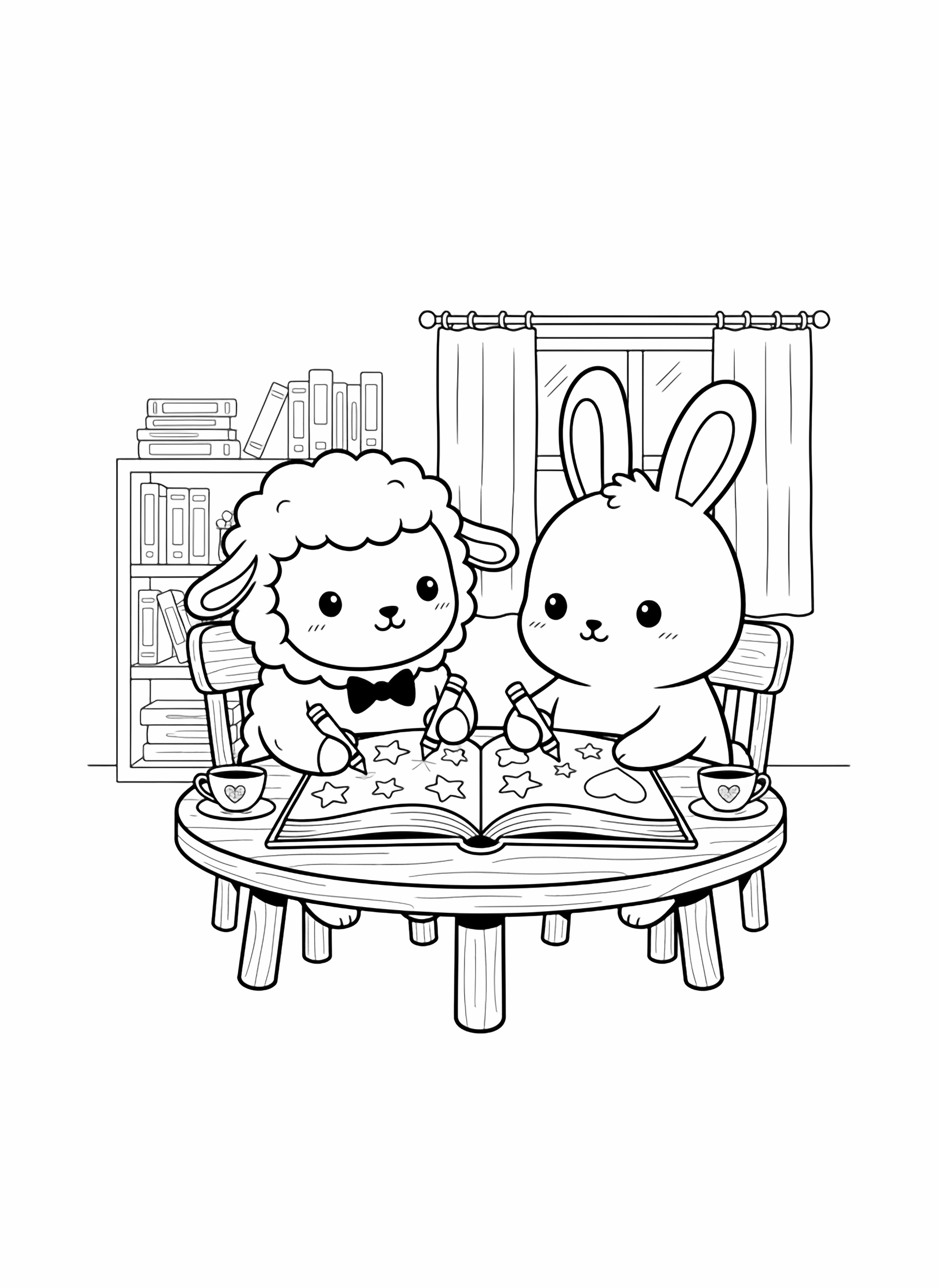A black and white illustration of a big cozy cute scene: a fluffy sheep wearing a tiny bow tie and a soft bunny with perky ears sit side by side at a small round table happily in a big open book Their dot eyes sparkle with joy and their smiles curve up in simple rounded arcs clean black and white line drawing minimal shading no colour no fill kleurplaat