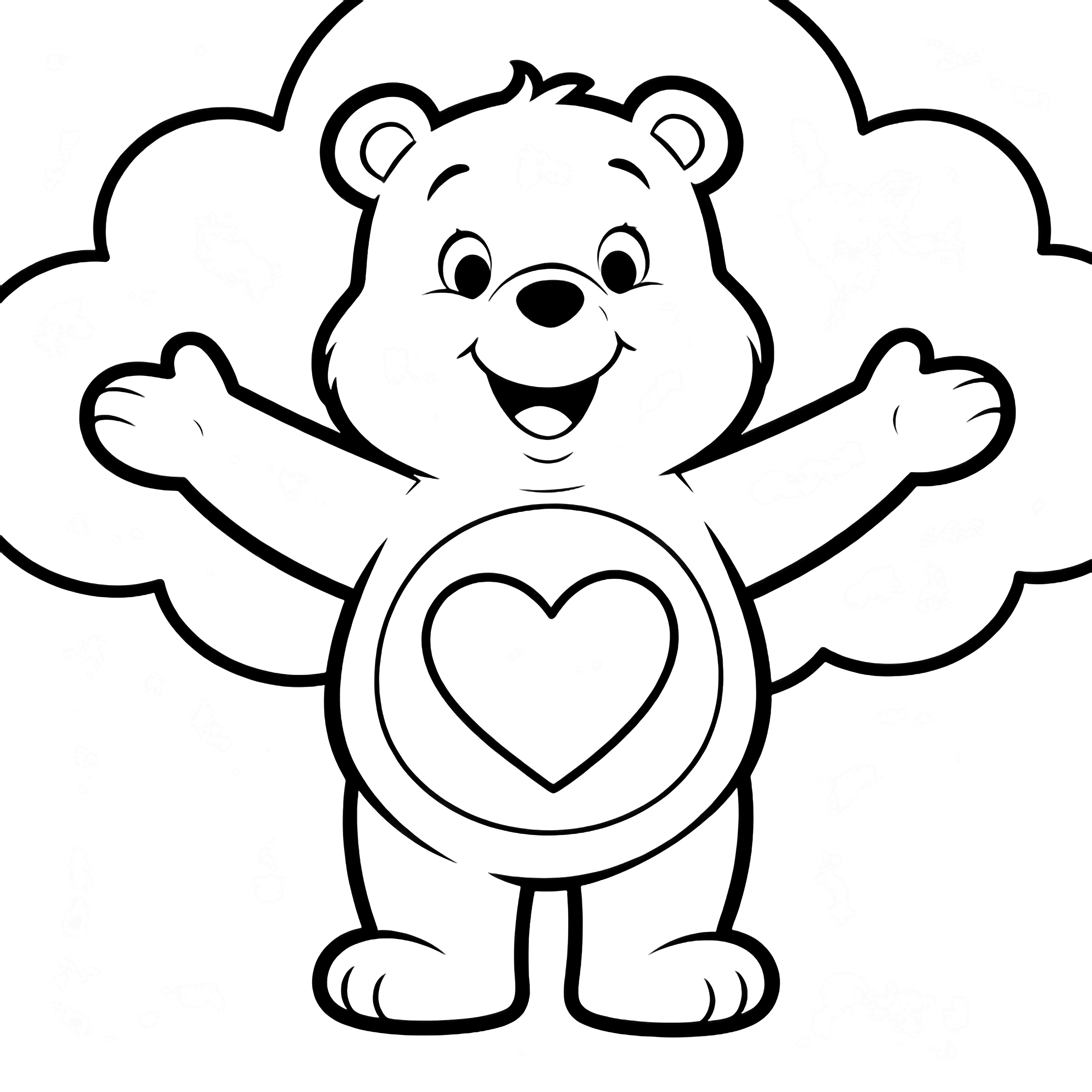 A cheerful Care Bear stands with open arms, a heart on its tummy, fluffy clouds drifting behind. kleurplaat