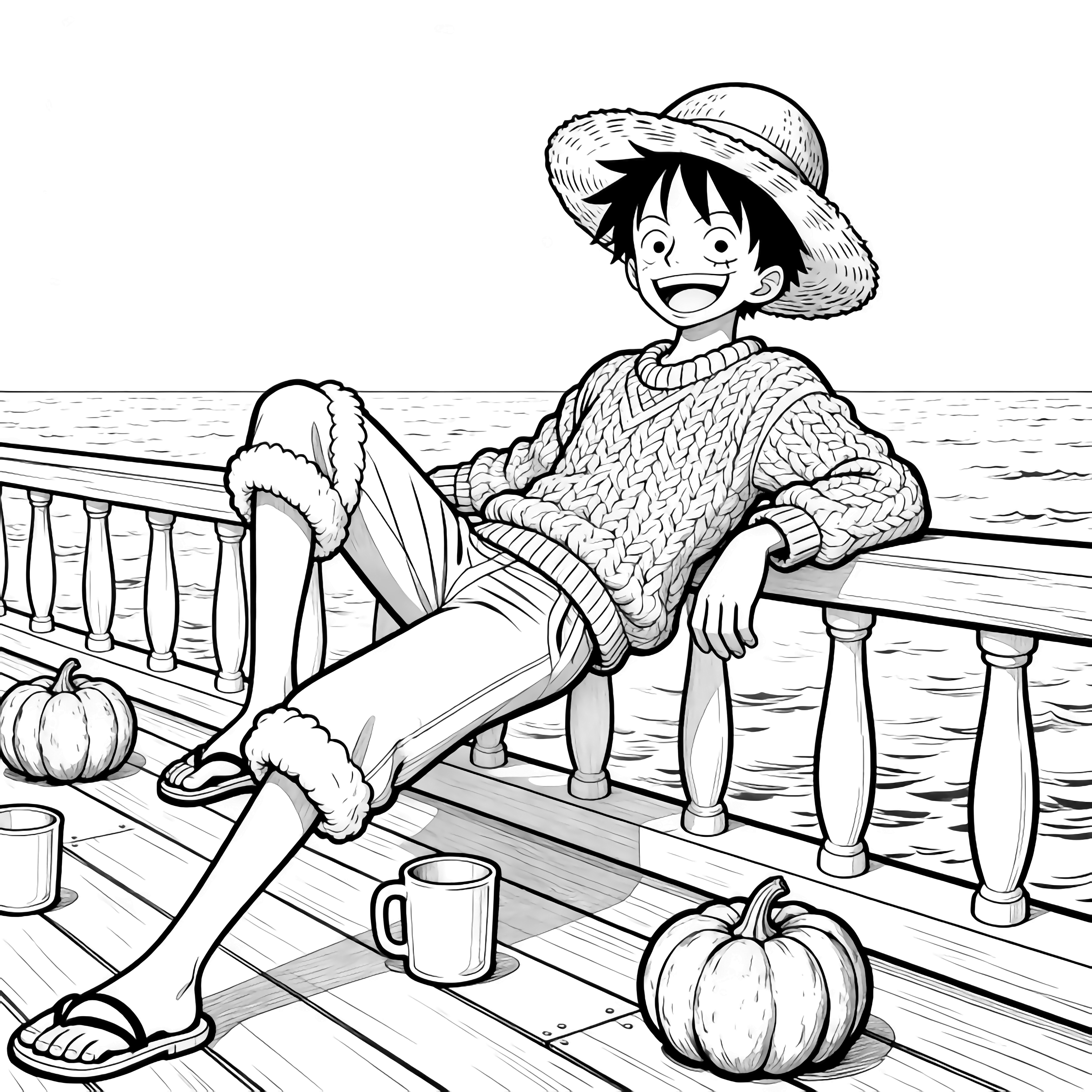 Luffy lounges on the Sunny's deck railing in a chunky sweater, straw hat tilted, big smile; empty mugs and pumpkins scatter the planks, calm sea horizon behind. kleurplaat