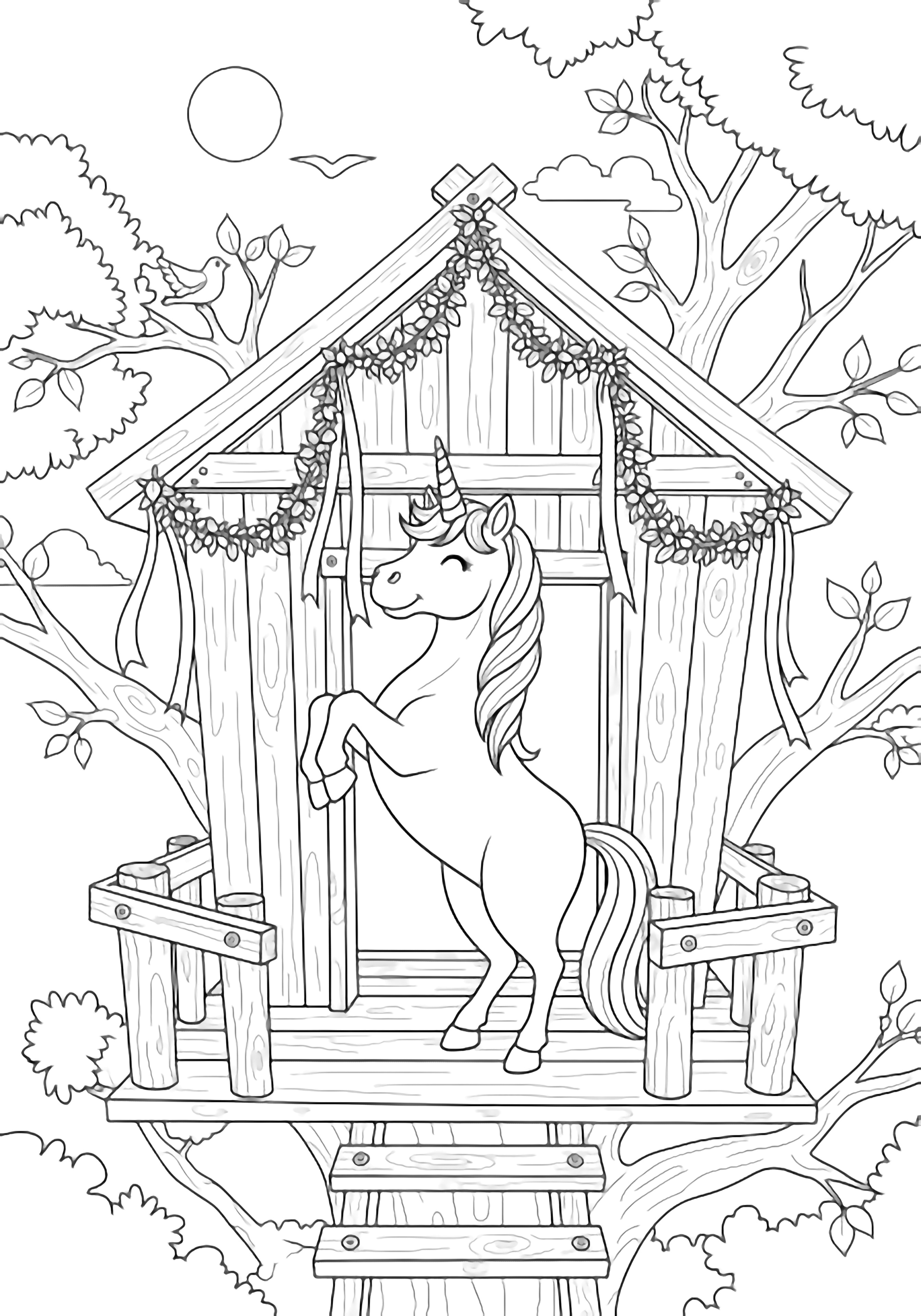 A joyful unicorn rears up inside a wooden treehouse, decorating the walls with leafy garlands and fluttering ribbons while branches frame the scene. kleurplaat