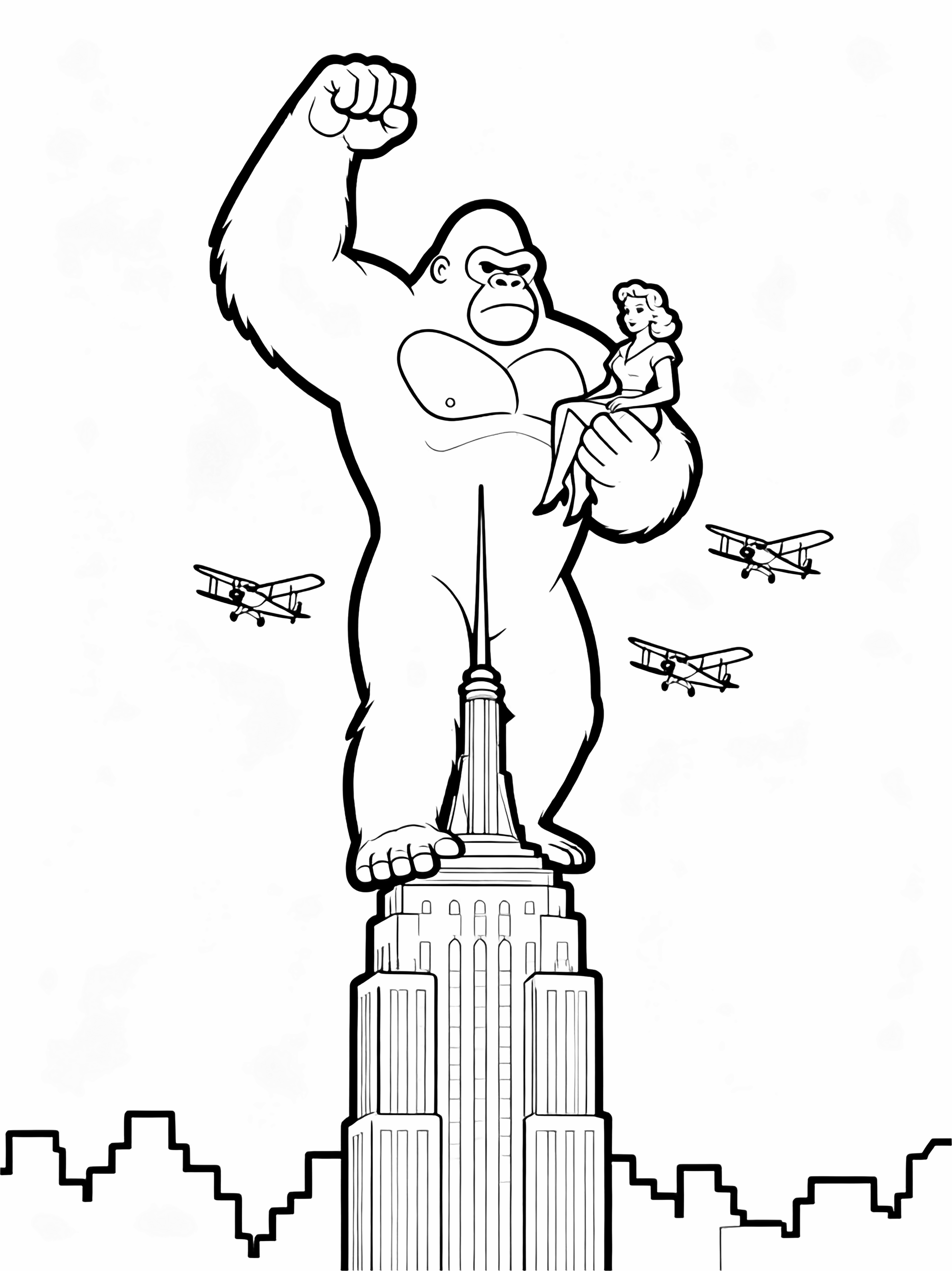 King Kong stands atop the Empire State Building spire, holding Ann Darrow while biplanes circle and a tiered skyline sits below. kleurplaat