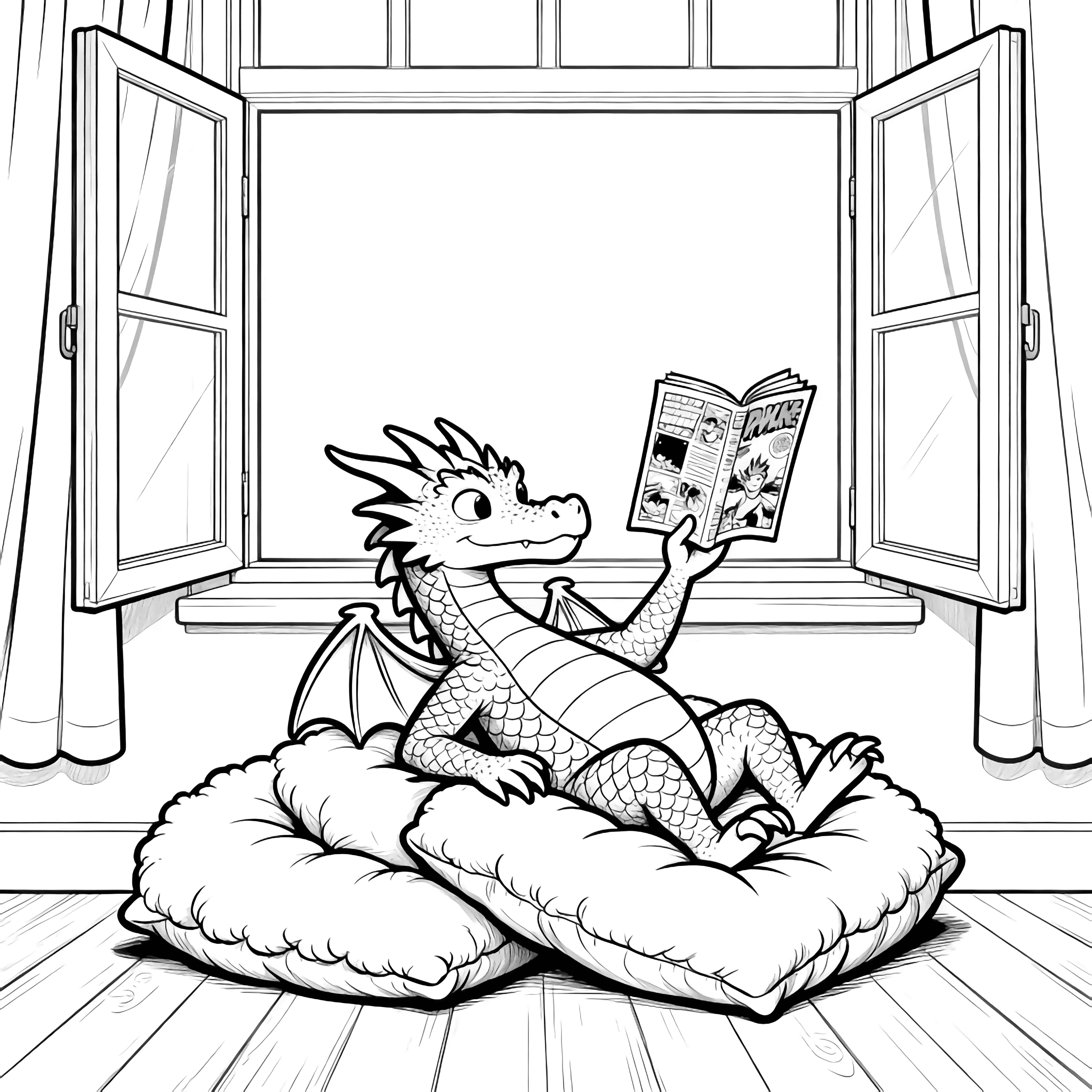 A relaxed dragon lounges on two fluffy cushions by an open window, holding a comic book high while curtains sway and floorboards line the room. kleurplaat