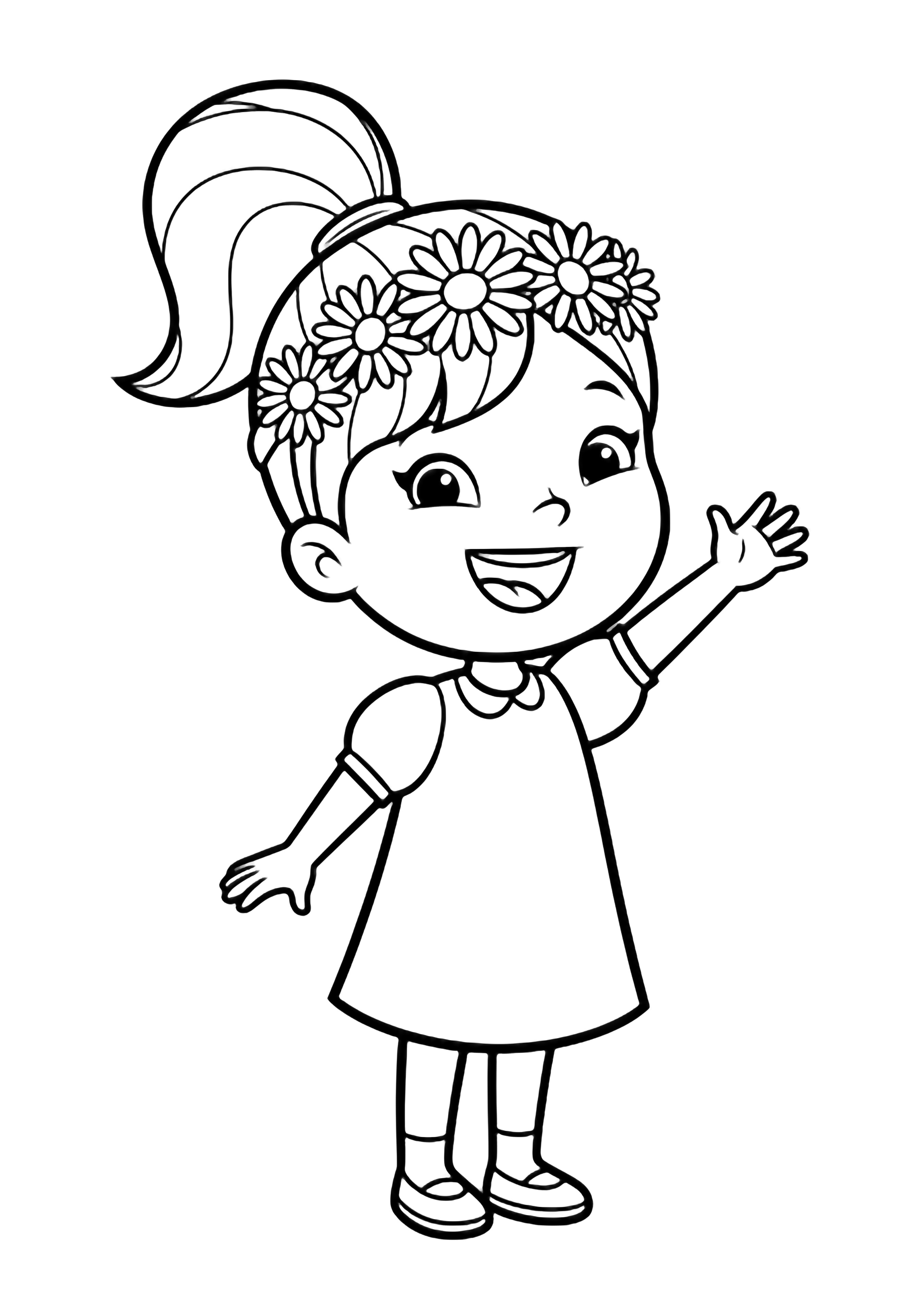 Poppy cheerfully waves, her ponytail and daisy headband bouncing, wearing a simple dress and shoes. kleurplaat