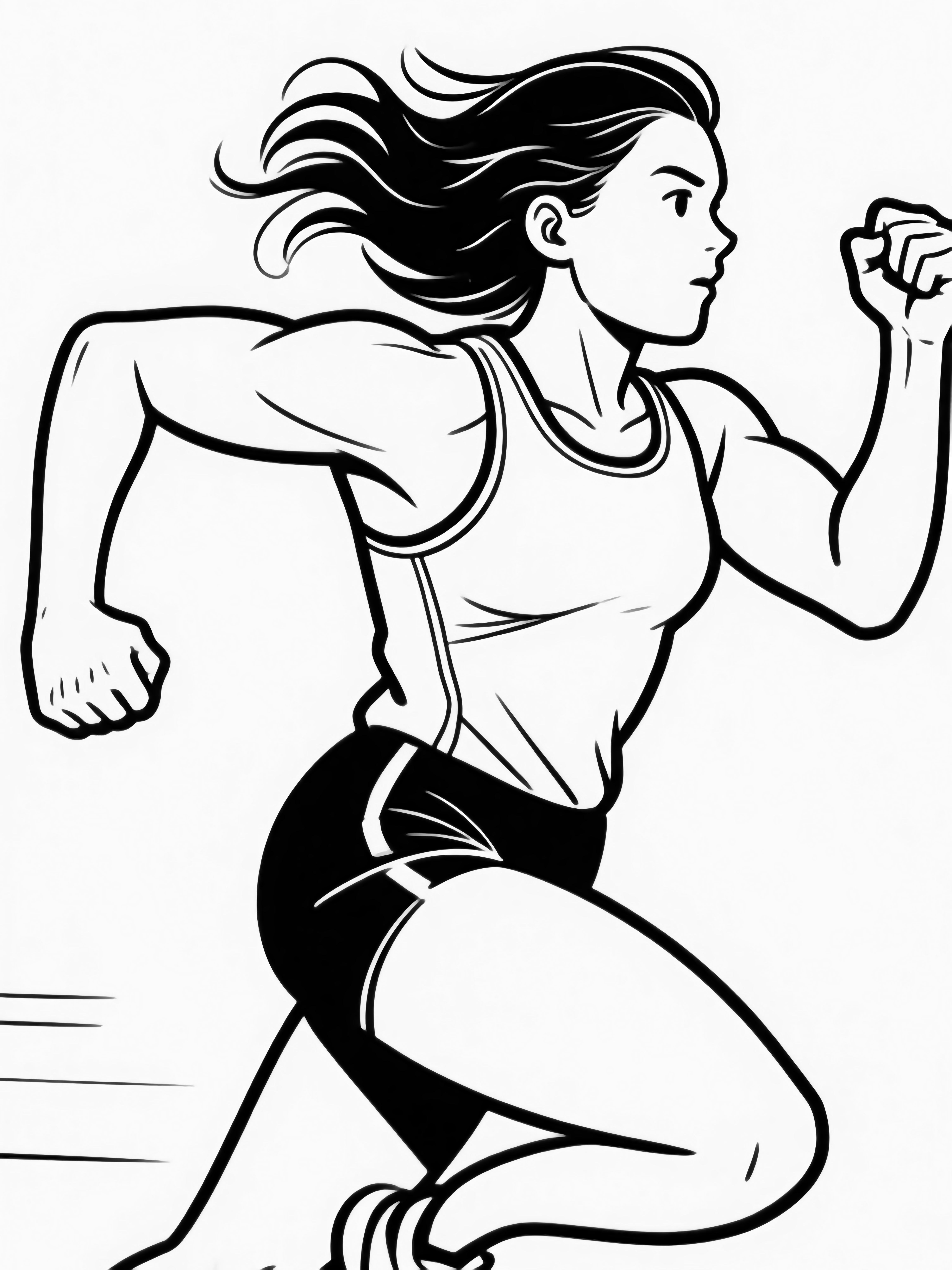 Athlete running mid-stride, arms pumping, hair flowing, dynamic pose, no background kleurplaat