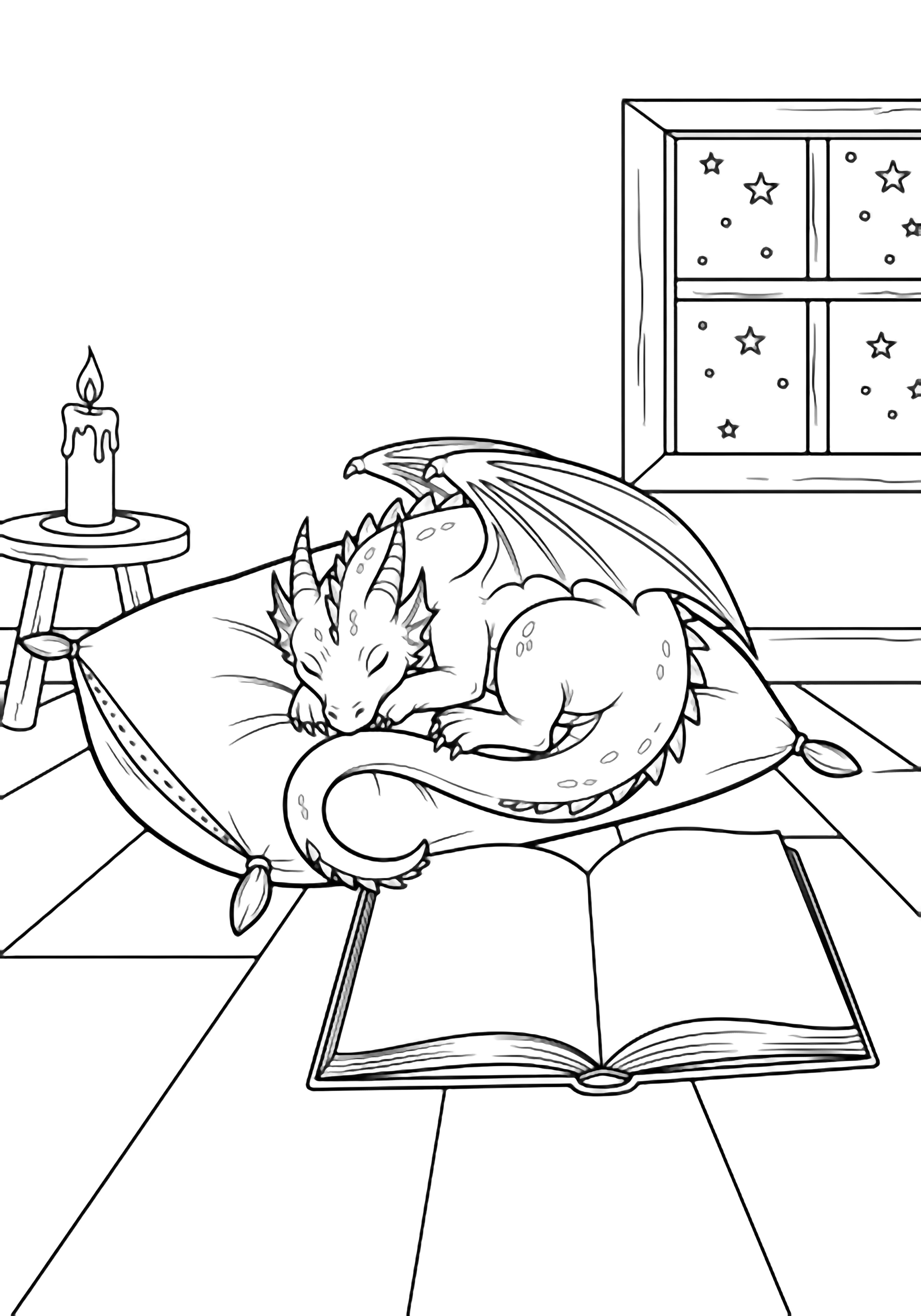 A palm-sized dragon naps on a pillow, tail encircling an open book; floorboards, candle, and starry window behind. kleurplaat