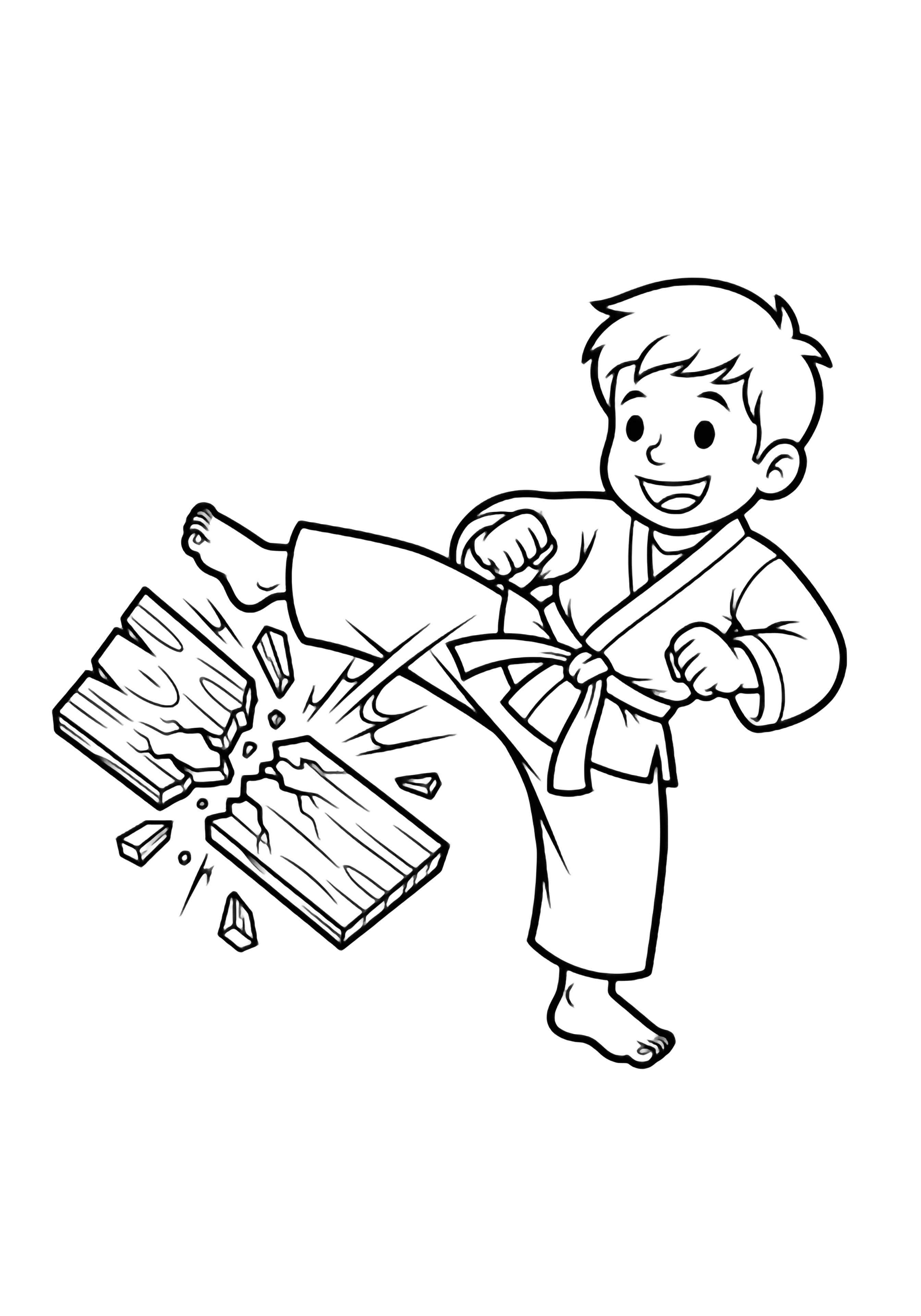 A joyful child in a loose gi performs a mid-air kick, splintering a cracked wooden plank. kleurplaat