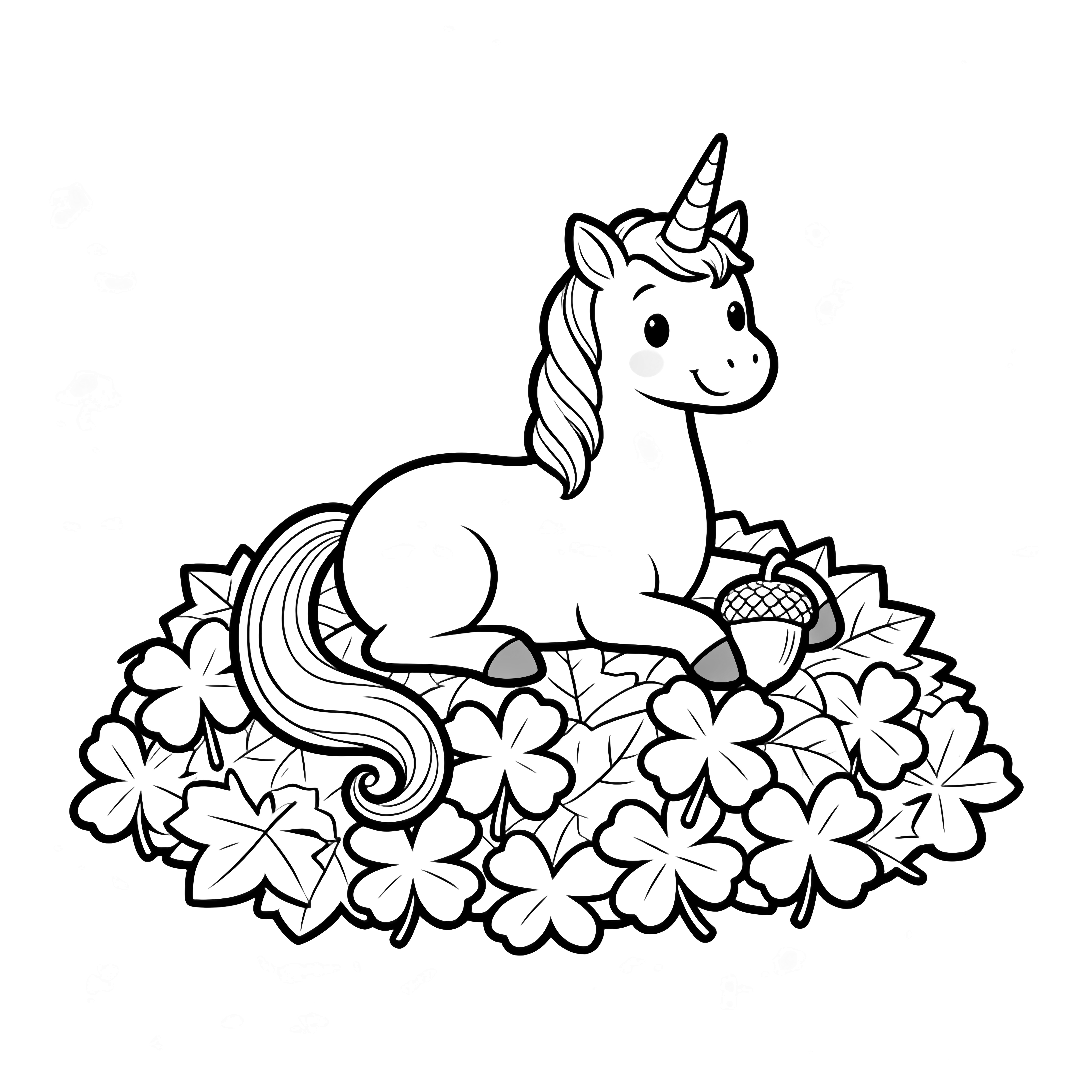 A smiling unicorn lounges on a pile of five-point leaves, tail curled around an acorn held between its hooves. kleurplaat
