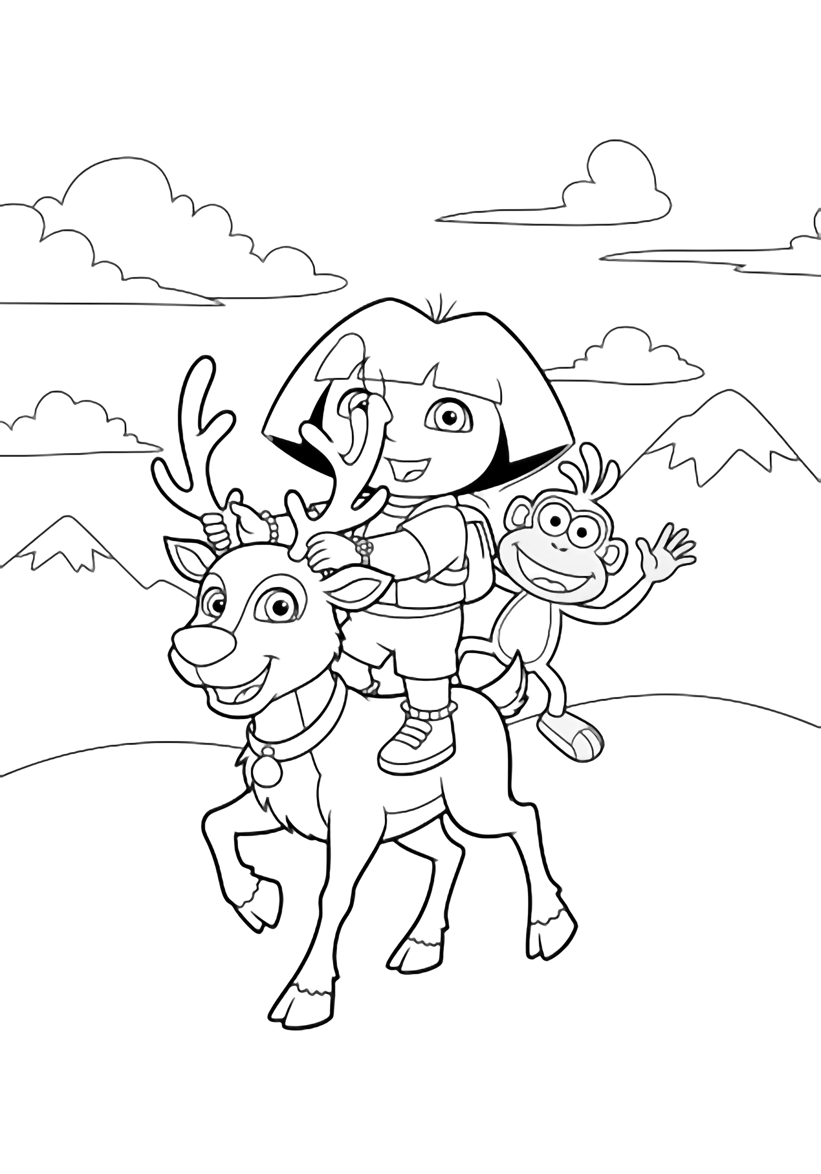 Dora smiles while riding a trotting reindeer, gripping its antlers; Boots waves beside her; snowy peaks and drifting clouds behind. kleurplaat