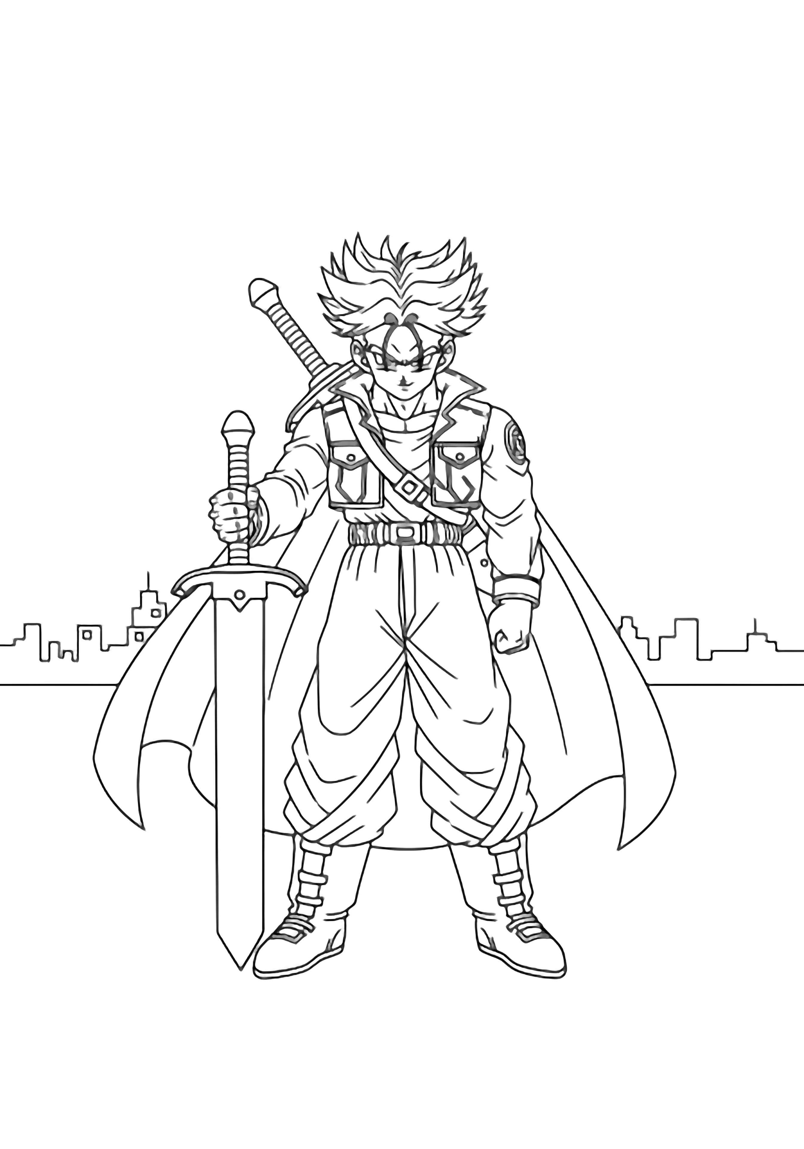 Trunks stands heroically, feet apart, sword upright beside him; cape and hair flowing; simple cityscape horizon behind. kleurplaat