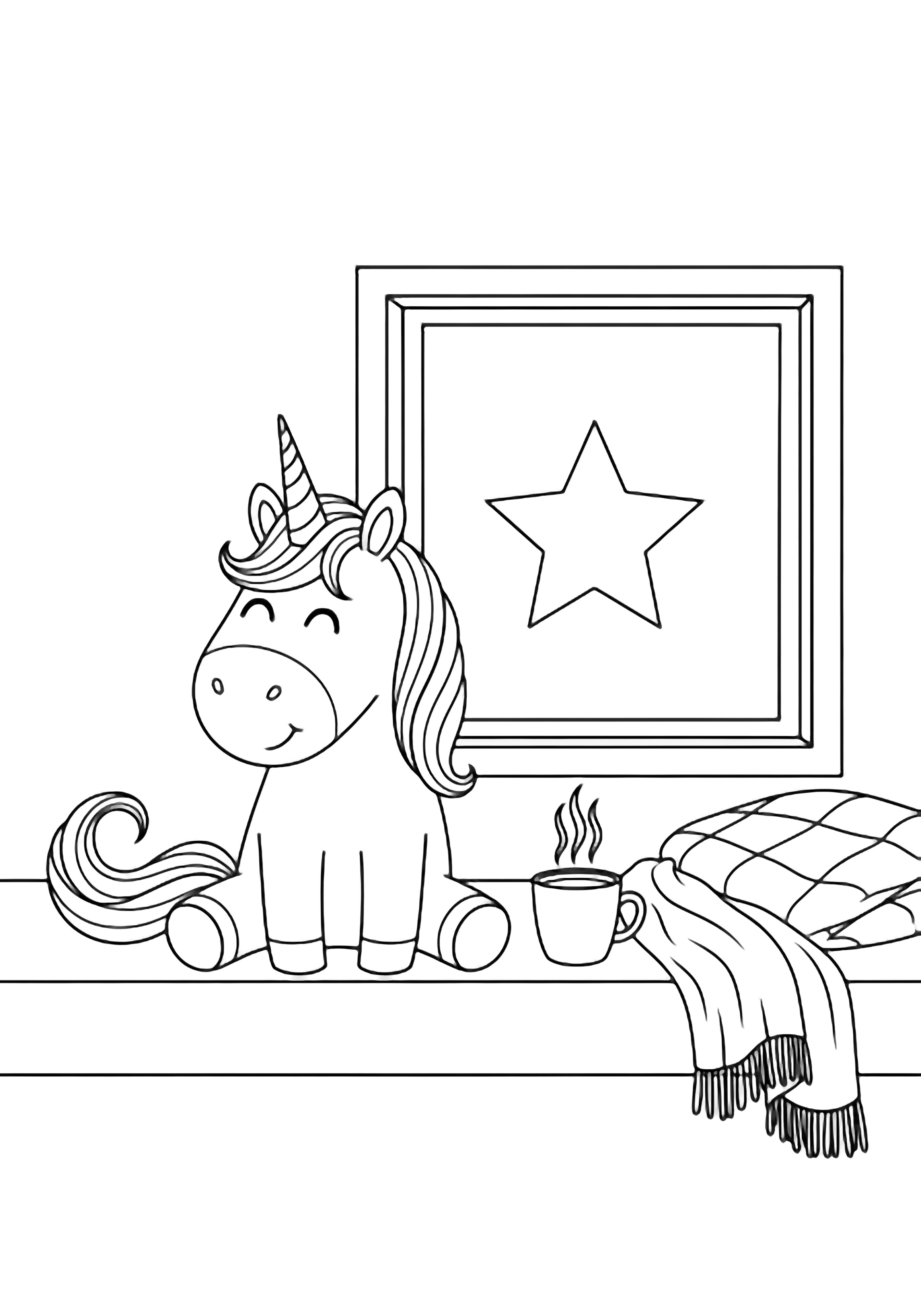 A happy unicorn with curled tail sits on a deep sill bench, steam rising from a mug, blanket draped nearby, simple star in the window frame. kleurplaat