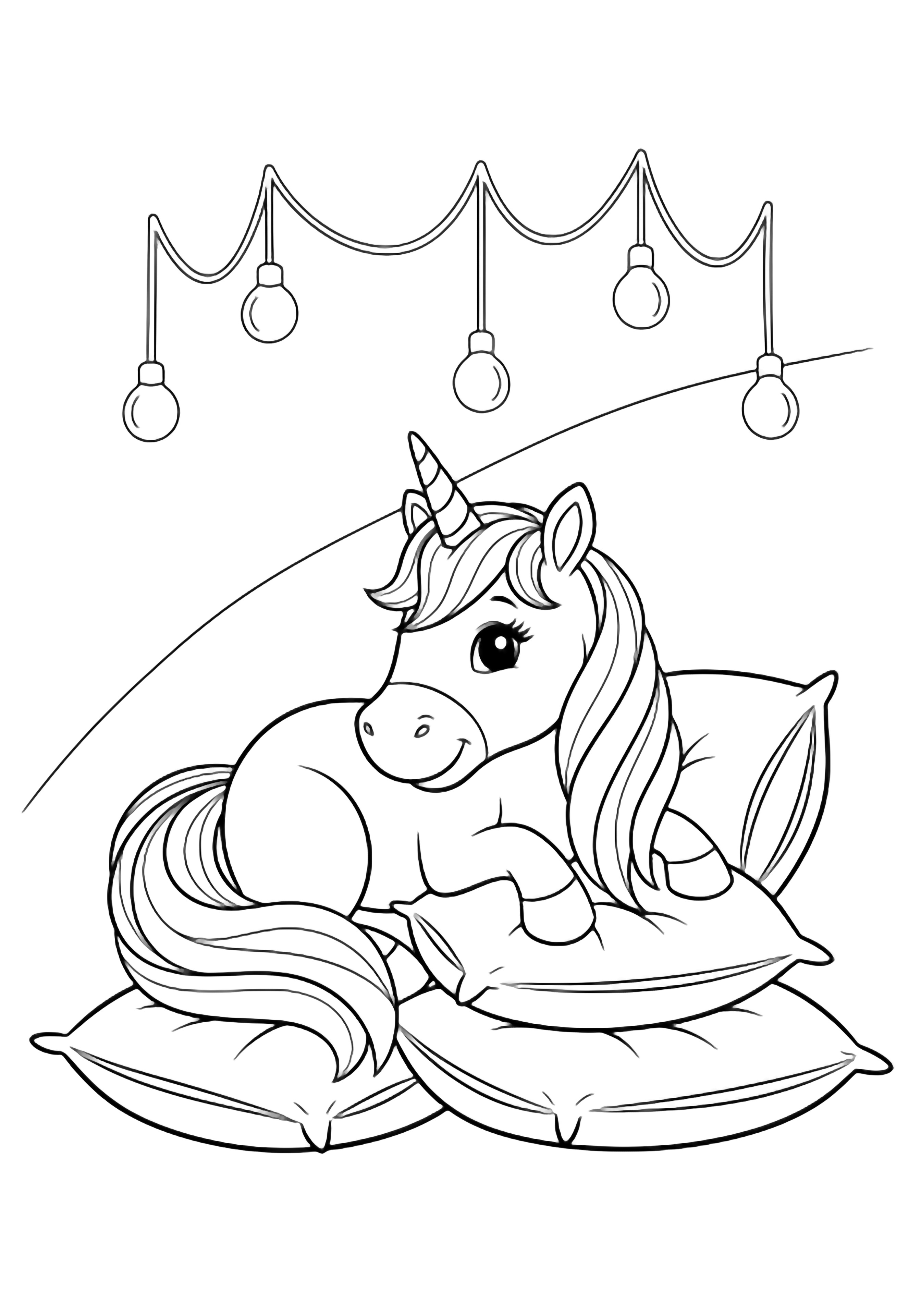 A smiling unicorn curls on three fluffy pillows beneath five dangling fairy-light strings. kleurplaat