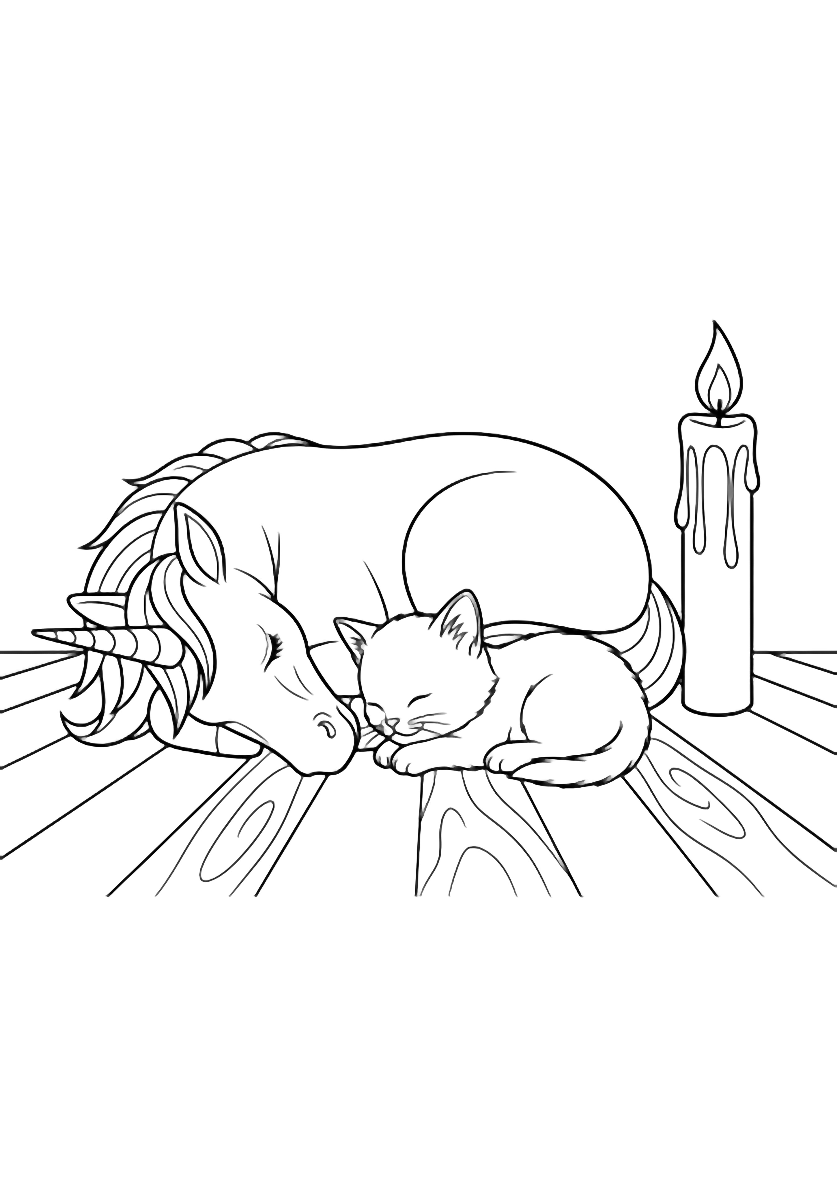 A curled unicorn and tiny kitten napping nose-to-nose beside a tall candle on simple floor planks. kleurplaat